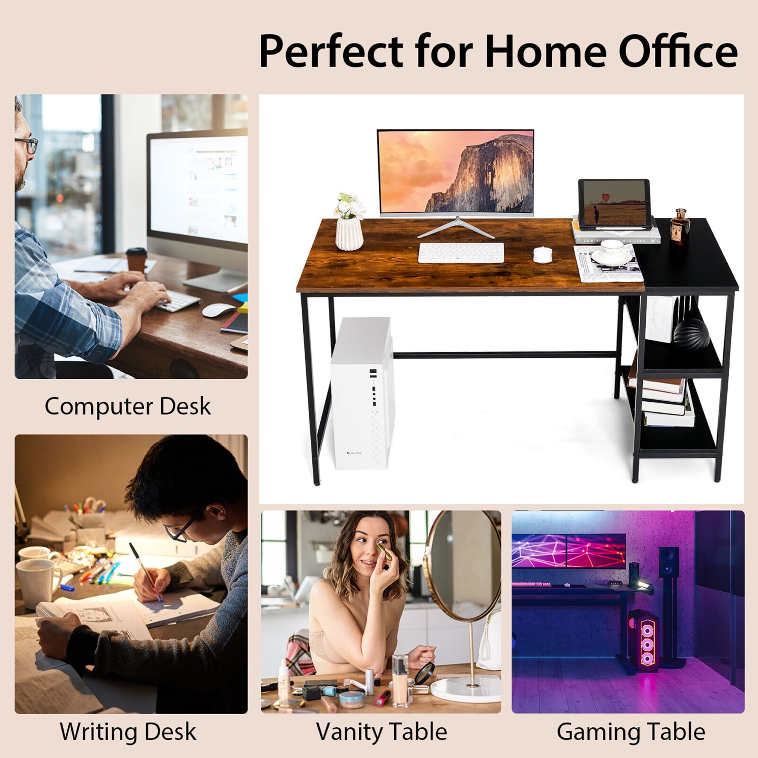 Table d'étude et d'écriture de bureau d'ordinateur de 55&nbsp;po de Costway Bureau à domicile avec étagère