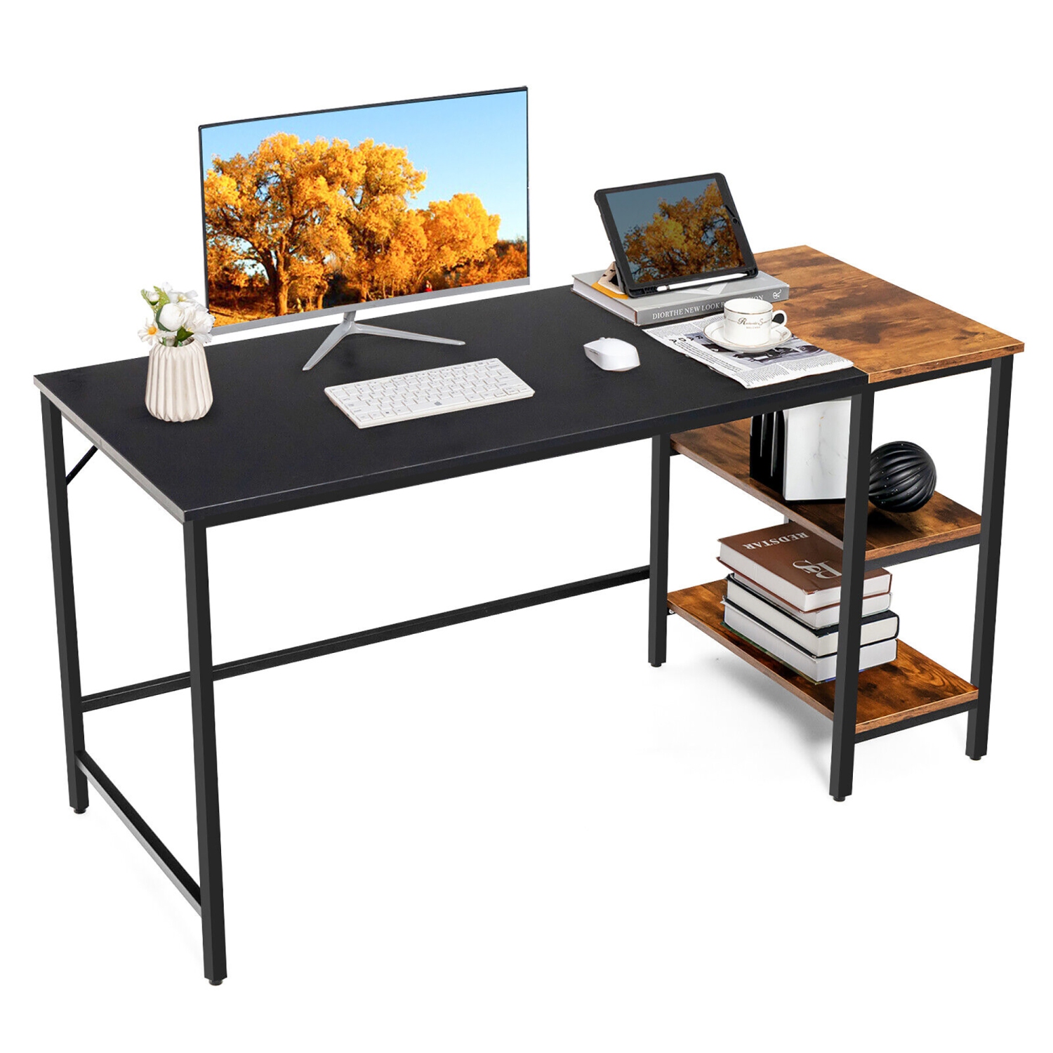 Costway 55" Computer Desk Writing Workstation Study Table Home Office with Bookshelf