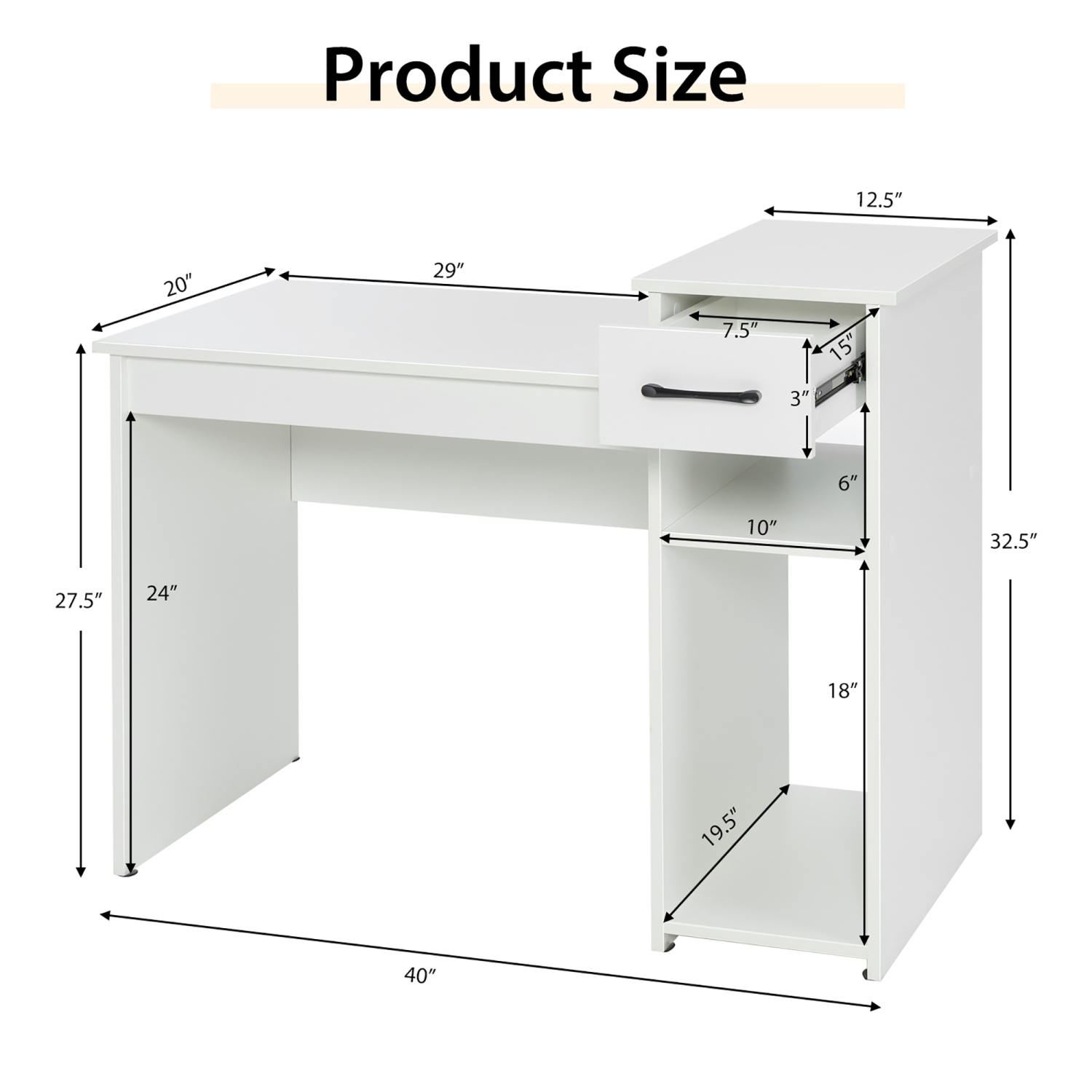Costway Home Office Computer Desk White Study Desk Laptop Table with Drawer & Storage Shelf