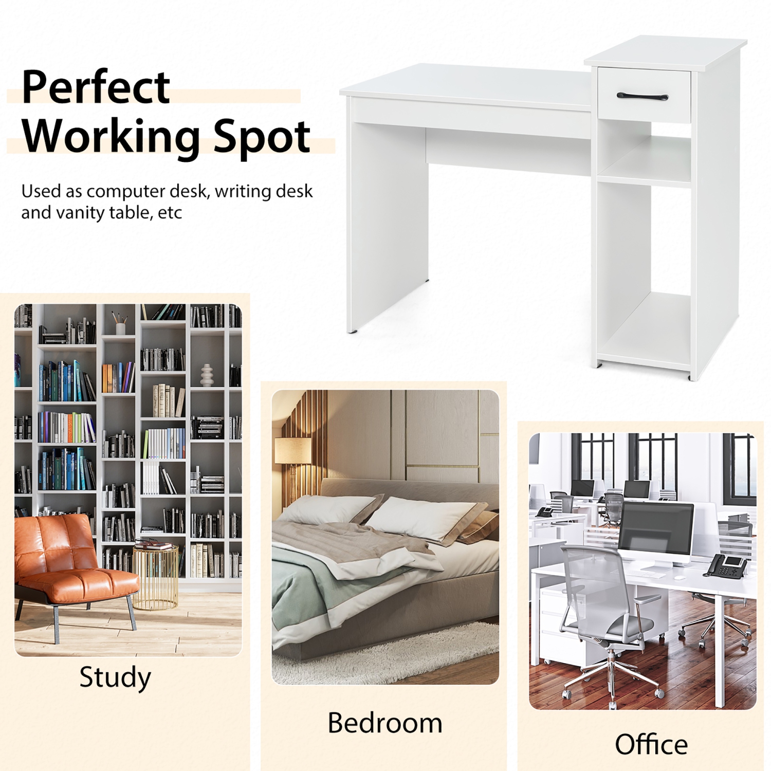 Costway Home Office Computer Desk White Study Desk Laptop Table with Drawer & Storage Shelf