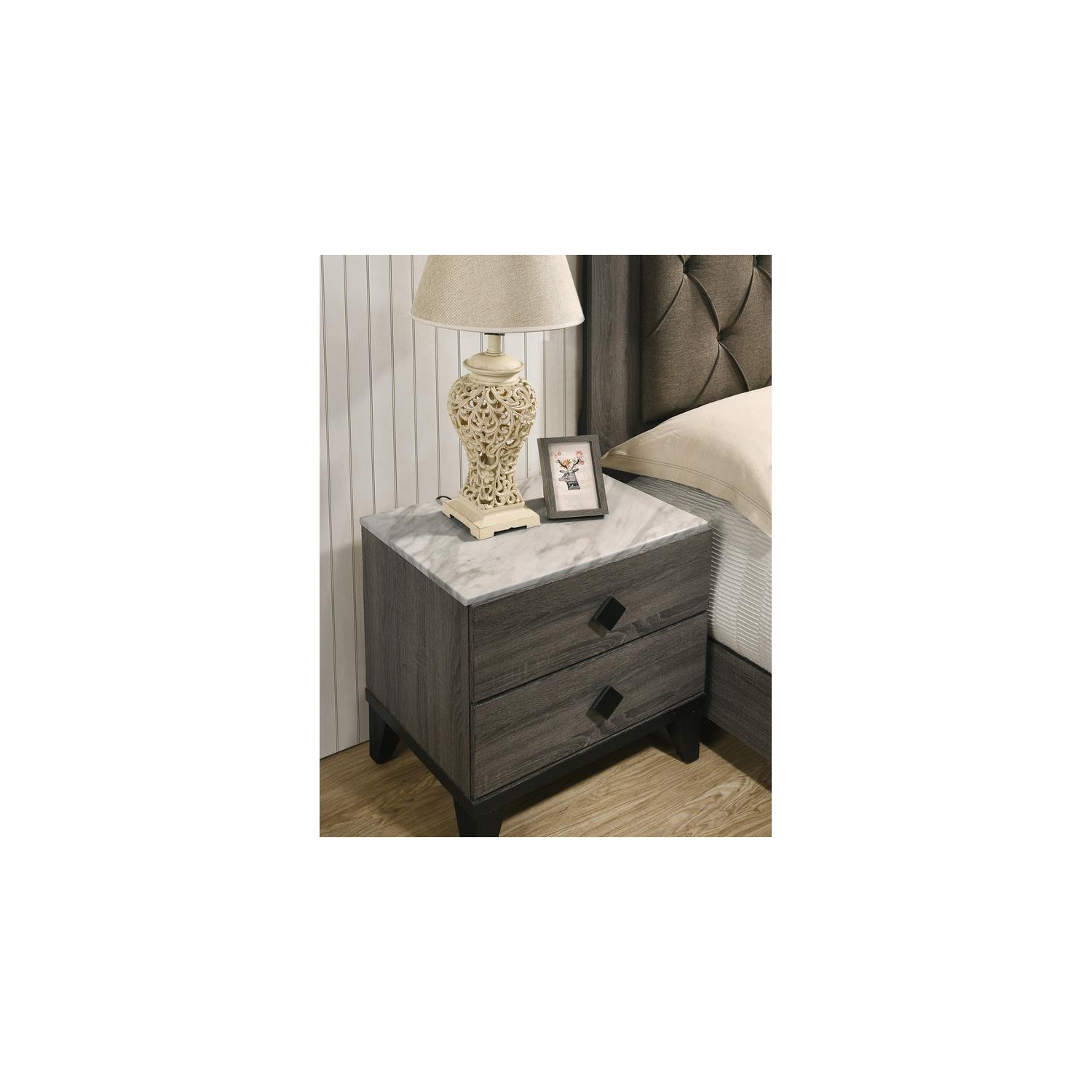 Madelyn Walnut Bedroom Nightstand with 2 Drawers and Faux Mable Top