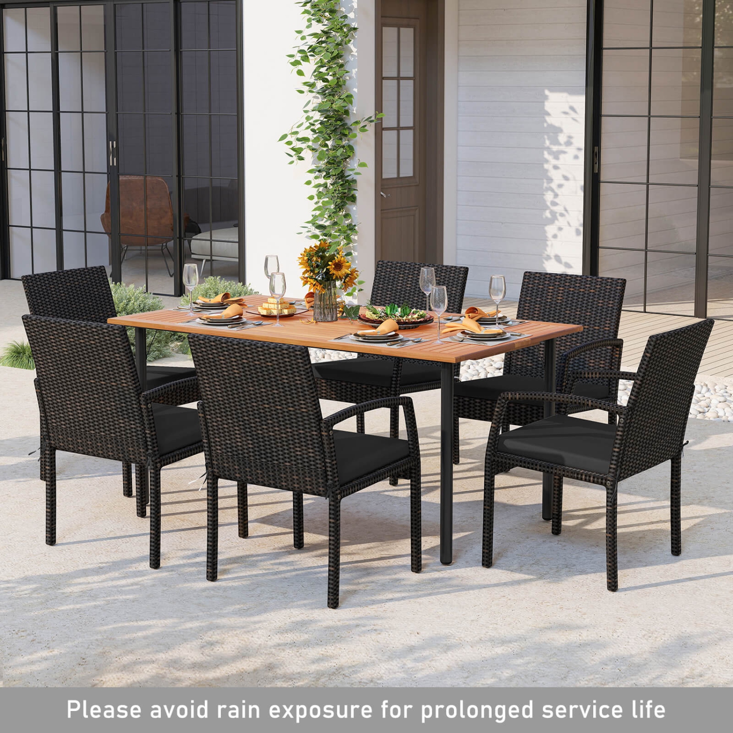 Costway 7PCS Patio Rattan Dining Chair Table Set with Cushion Umbrella Hole