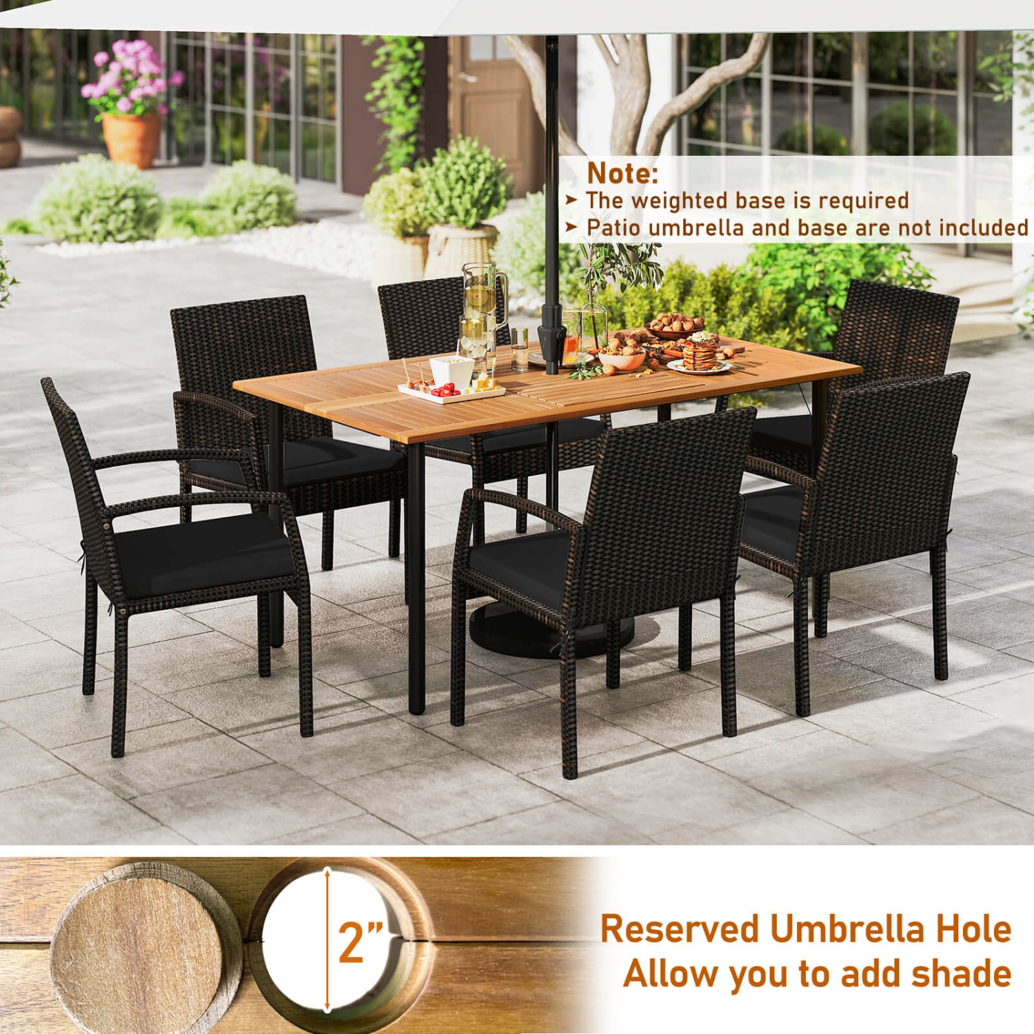 Costway 7PCS Patio Rattan Dining Chair Table Set with Cushion Umbrella Hole