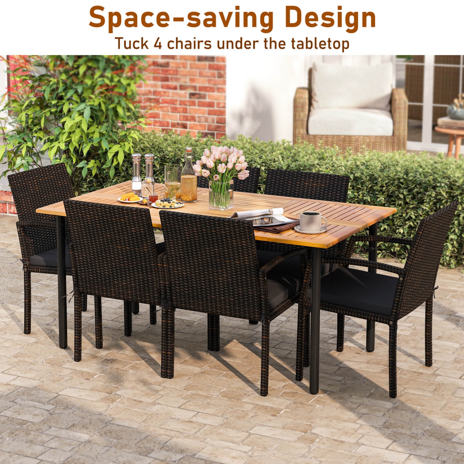 Costway 7PCS Patio Rattan Dining Chair Table Set with Cushion Umbrella Hole