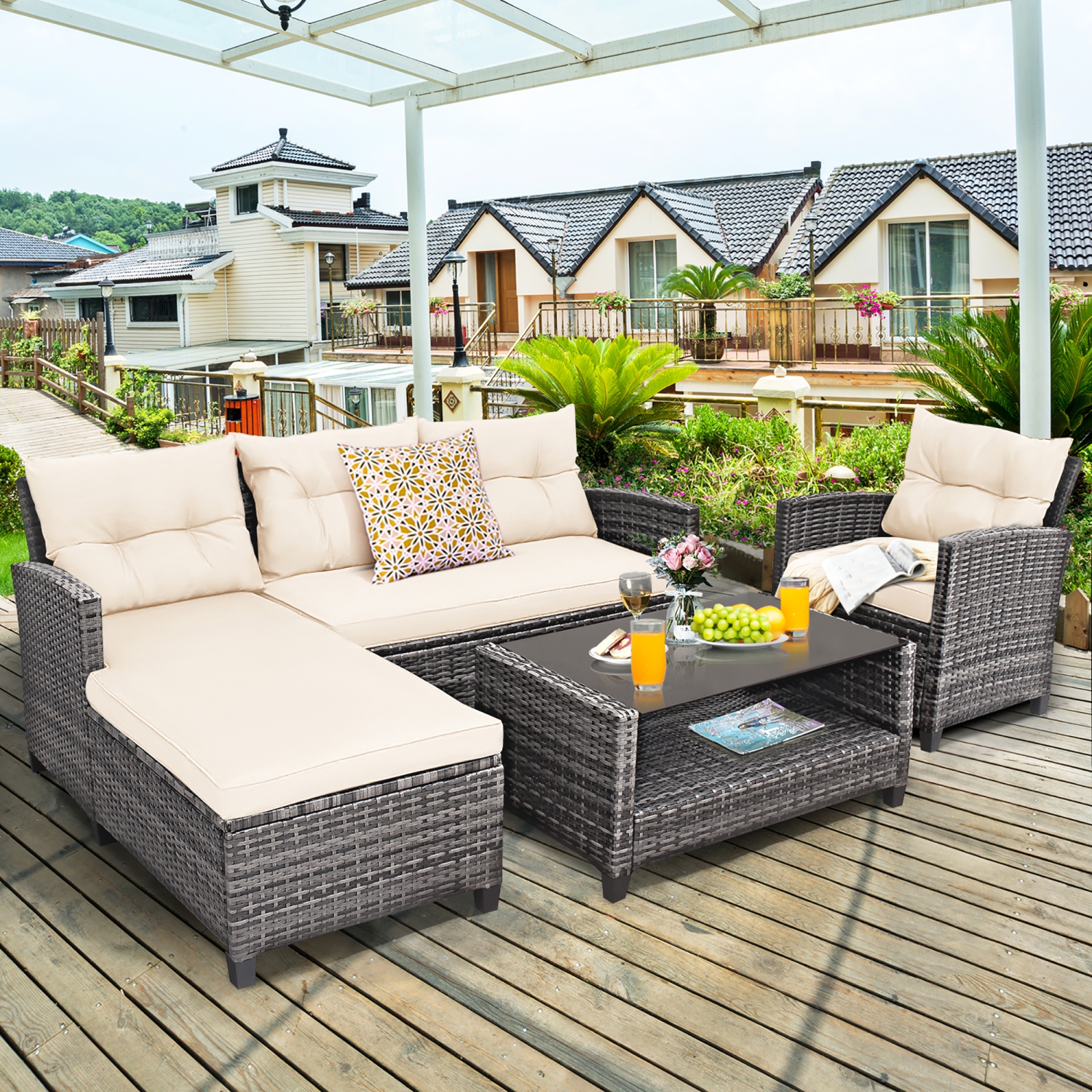 Costway 4PCS Patio Rattan Furniture Set Sofa Ottoman Cushion Garden Deck