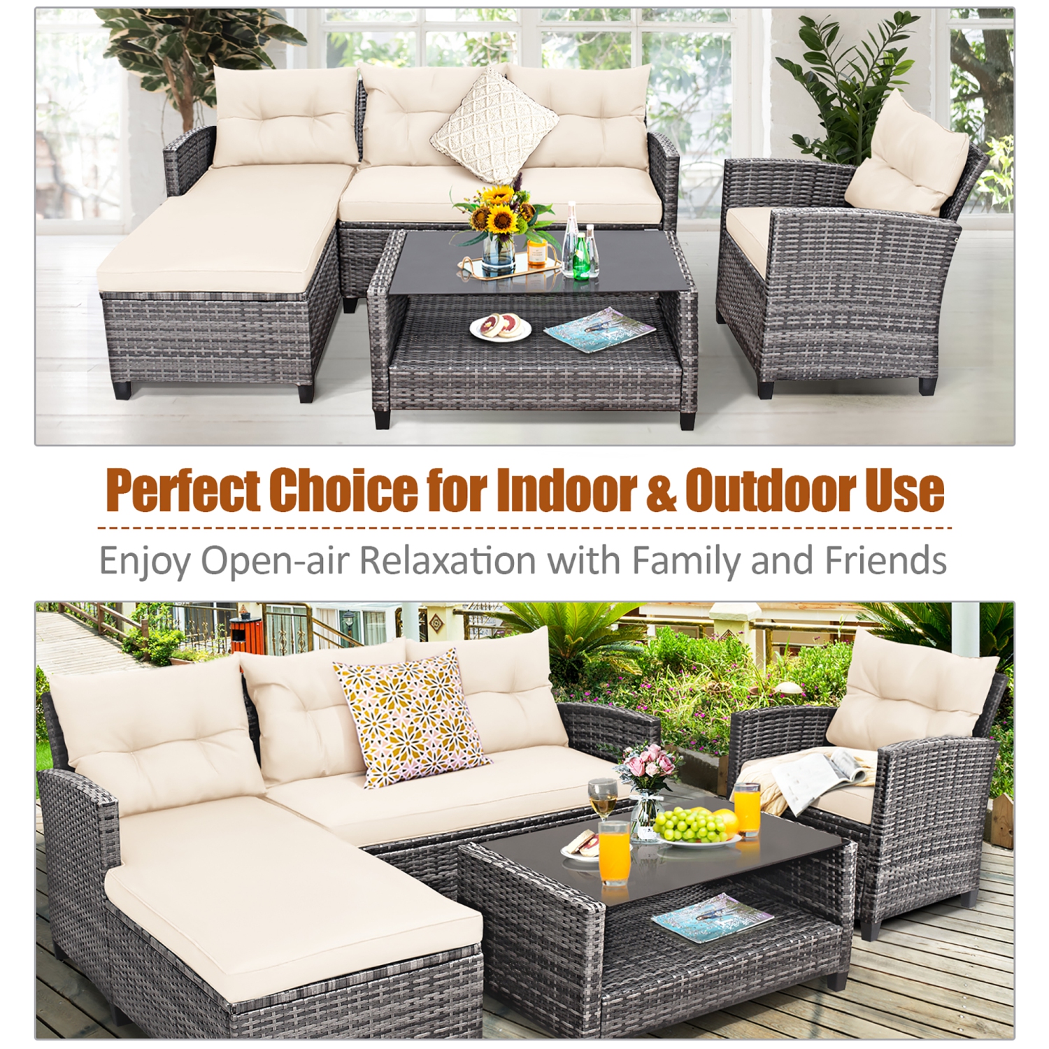 Costway 4PCS Patio Rattan Furniture Set Sofa Ottoman Cushion Garden Deck