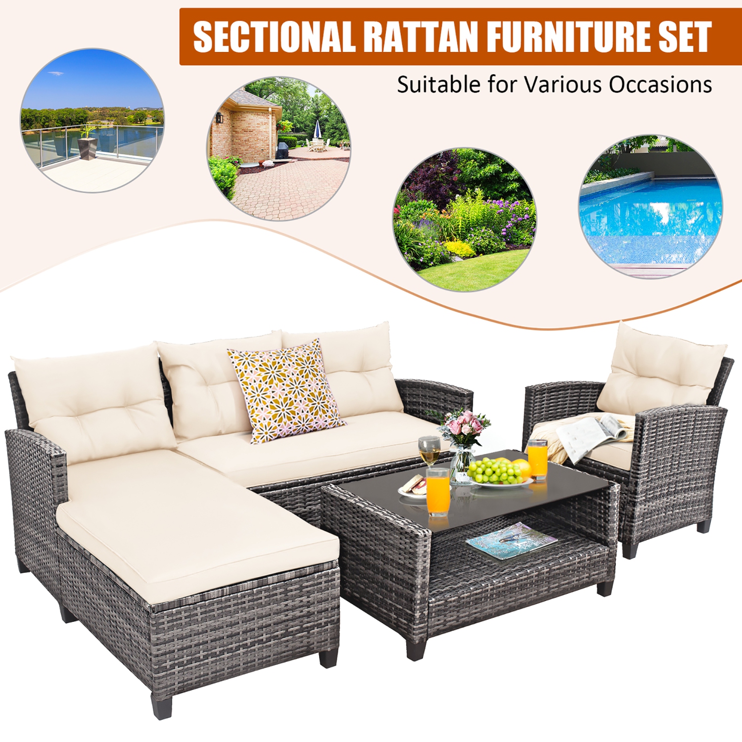 Costway 4PCS Patio Rattan Furniture Set Sofa Ottoman Cushion Garden Deck