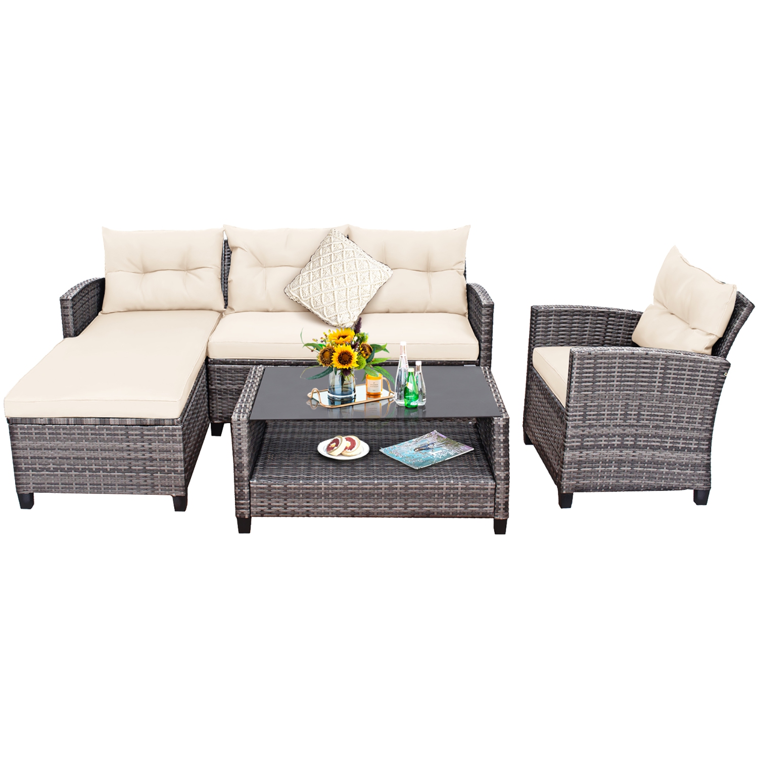 Costway 4PCS Patio Rattan Furniture Set Sofa Ottoman Cushion Garden Deck