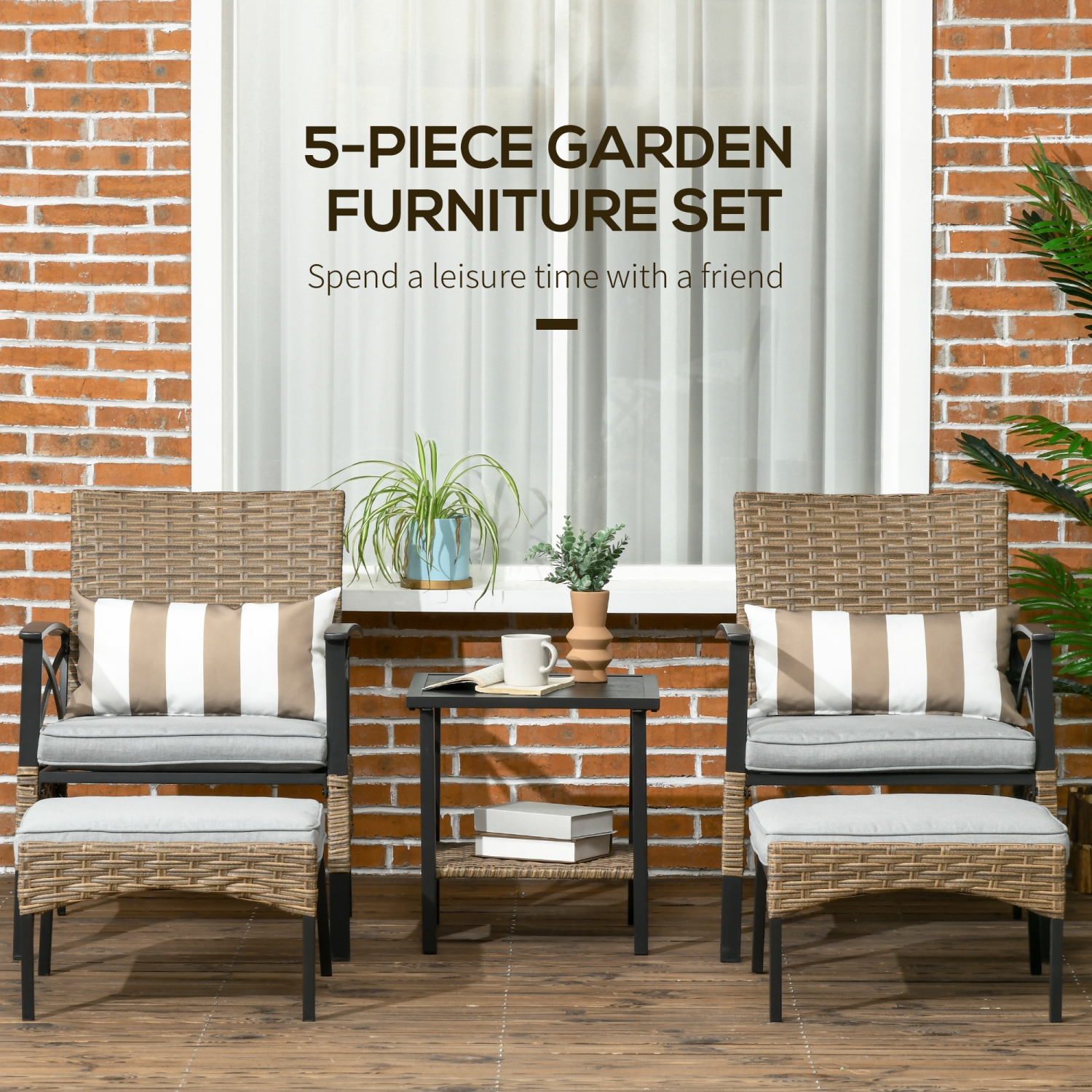 Outsunny 5 Piece PE Rattan Garden Furniture Set, 2 Armchairs,2 Stools, Steel Tabletop with Wicker Shelf, Padded Outdoor Seating, Khaki