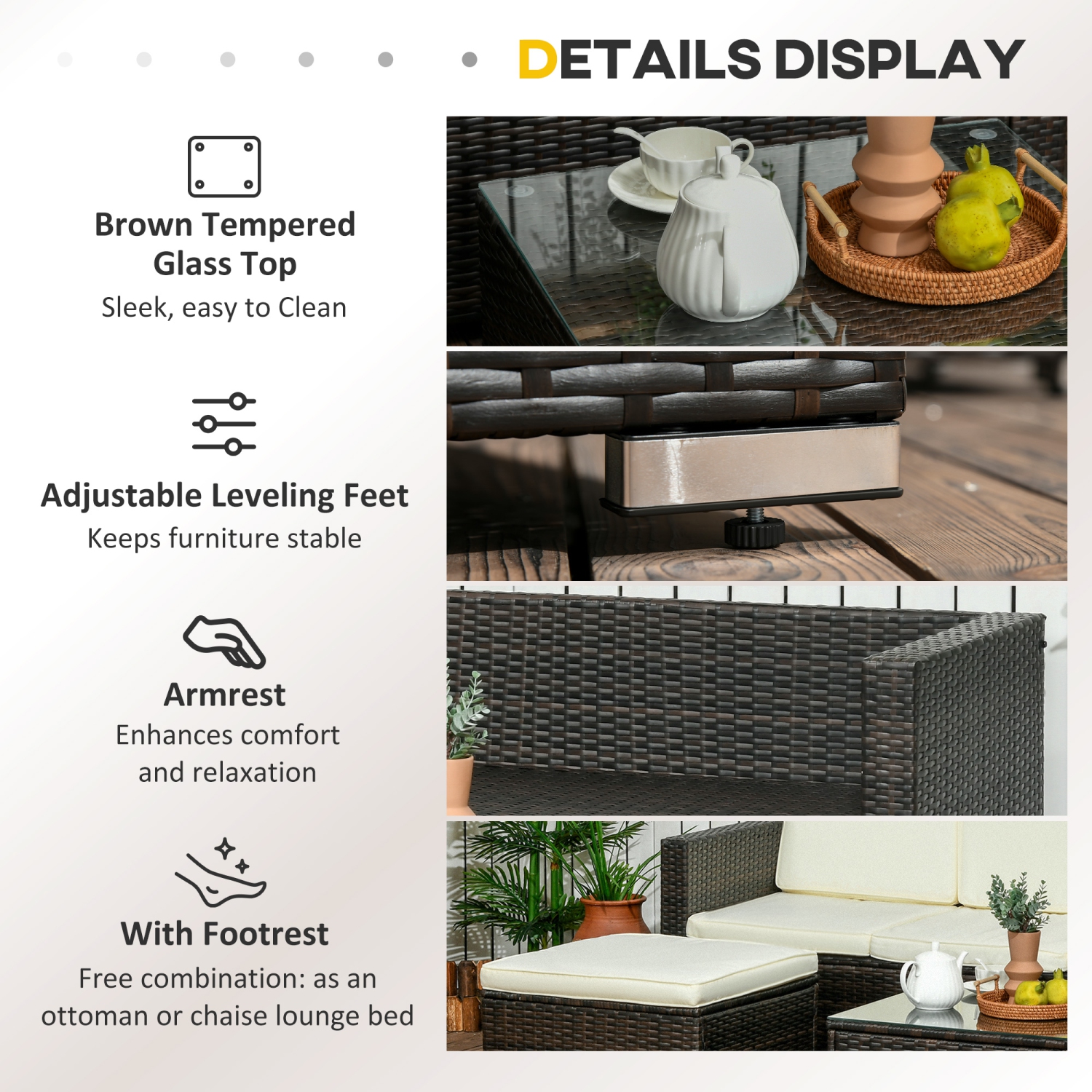 Outsunny 3 Pieces Patio Furniture Set with Cushions, Outdoor PE Rattan Wicker Conversation Corner Sofa Set with Glass Top Table and Adjustable Foot