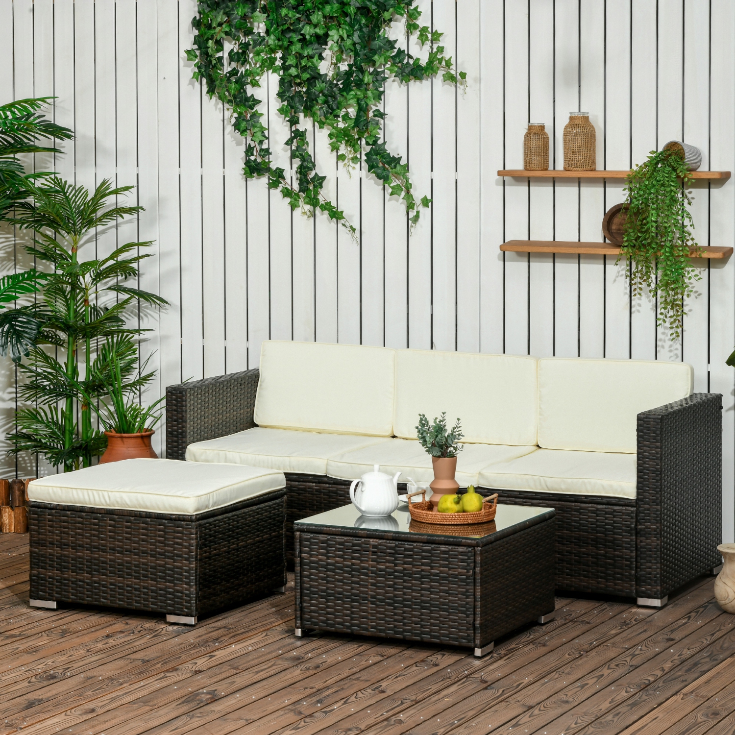 Outsunny 3 Pieces Patio Furniture Set with Cushions, Outdoor PE Rattan Wicker Conversation Corner Sofa Set with Glass Top Table and Adjustable Foot