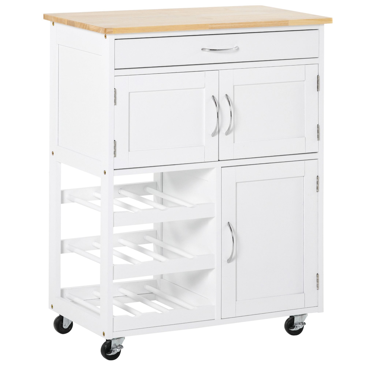 HOMCOM Kitchen Island on Wheels, Rolling Kitchen Cart with Drawer, 9-Bottle Wine Rack, Storage Cabinets, Wooden Countertop