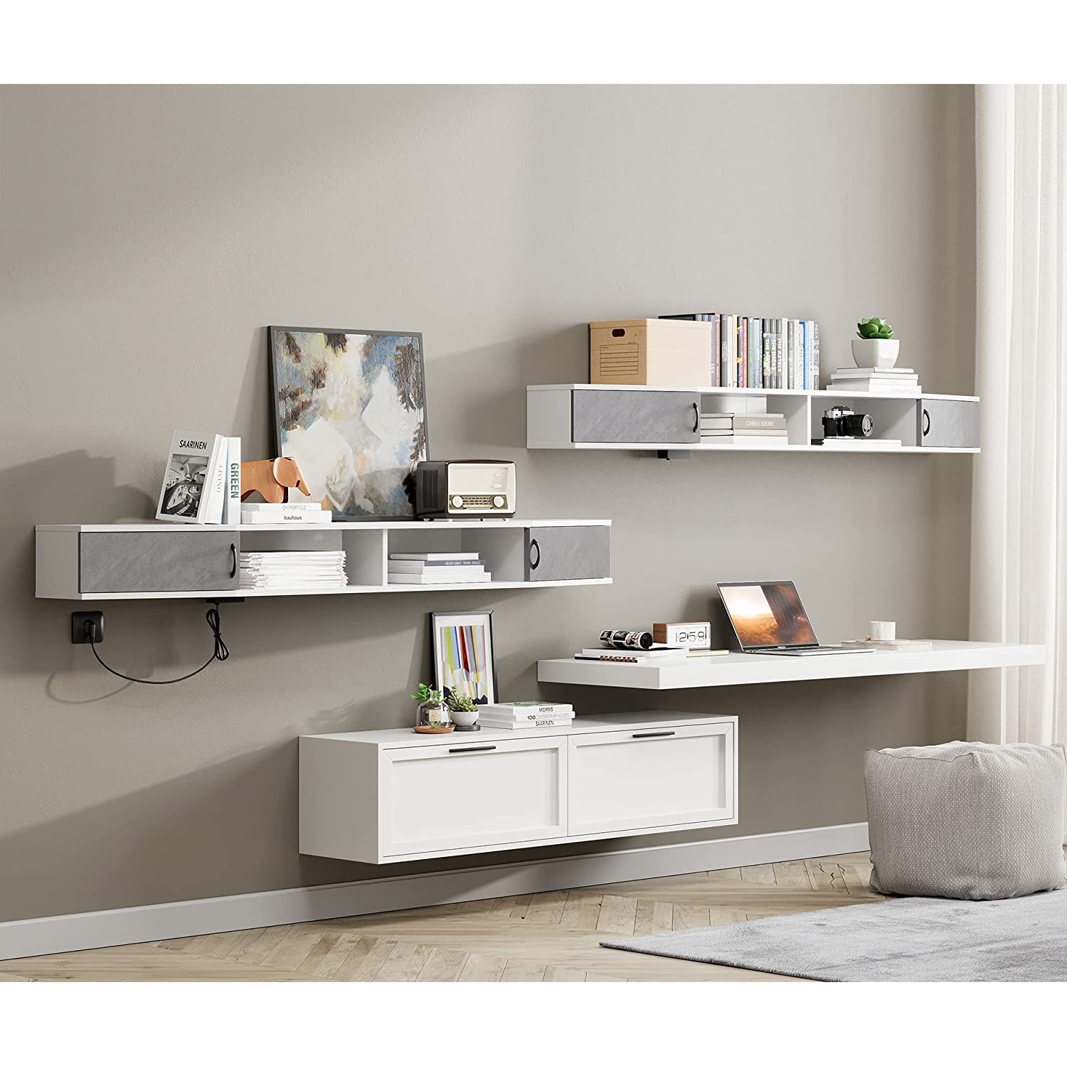 Console multimédia murale WAMPAT avec prises d’alimentation de 70 po, tablette flottante pour téléviseur de 70 po, tablette de rangement pour salon,