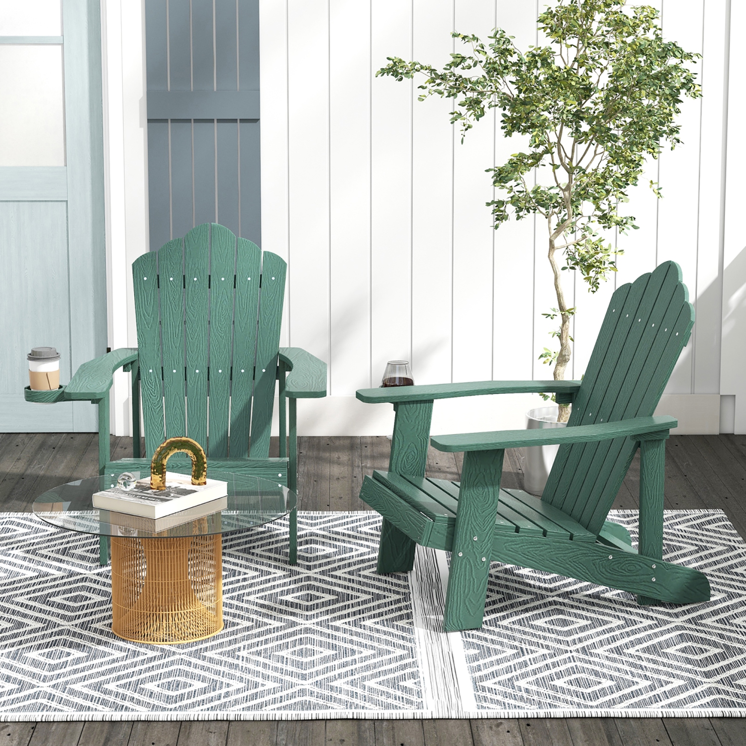 Gymax Patio HIPS Outdoor Weather Resistant Slatted Chair Adirondack Chair w/ Cup Holder