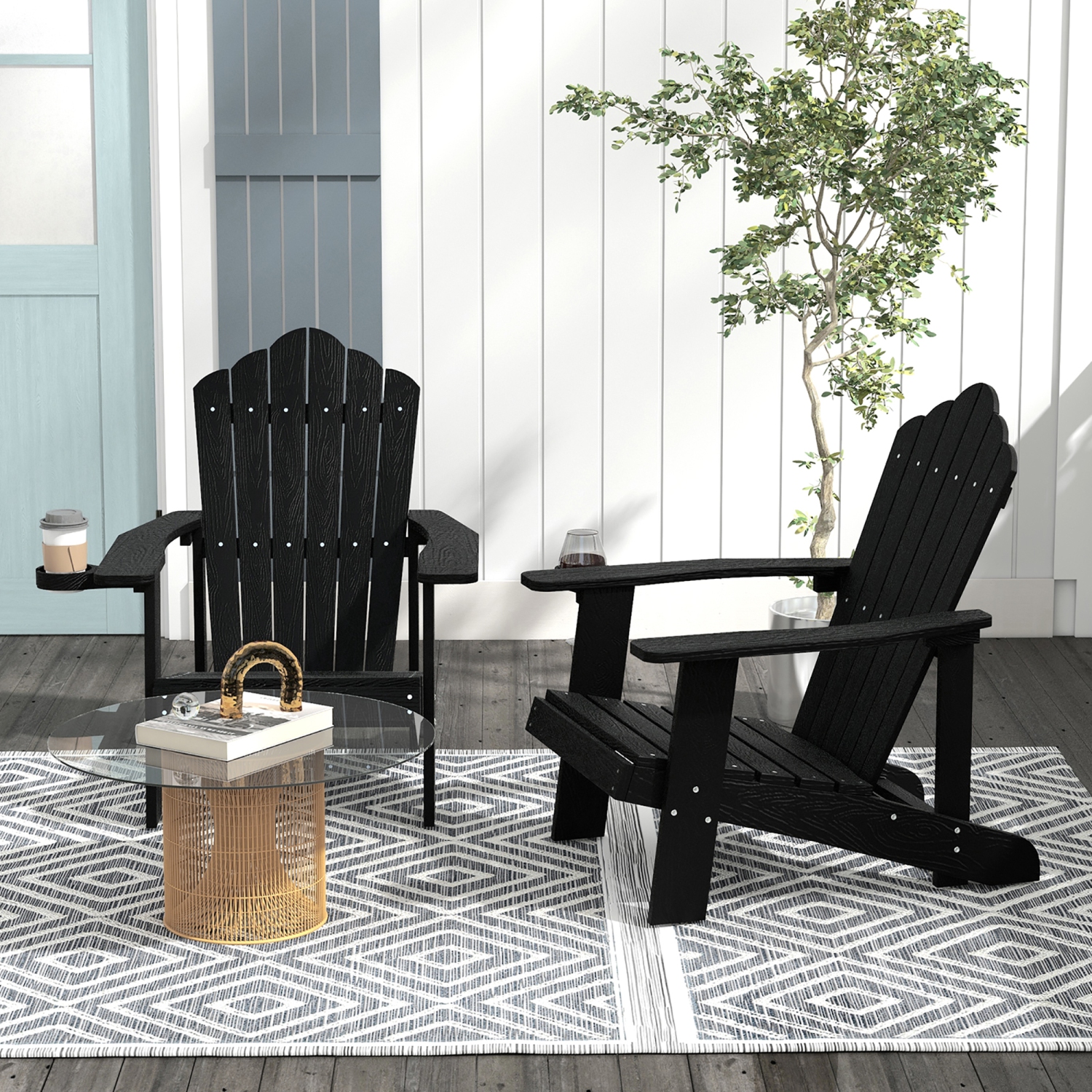 Gymax Patio HIPS Outdoor Weather Resistant Slatted Chair Adirondack Chair w/ Cup Holder