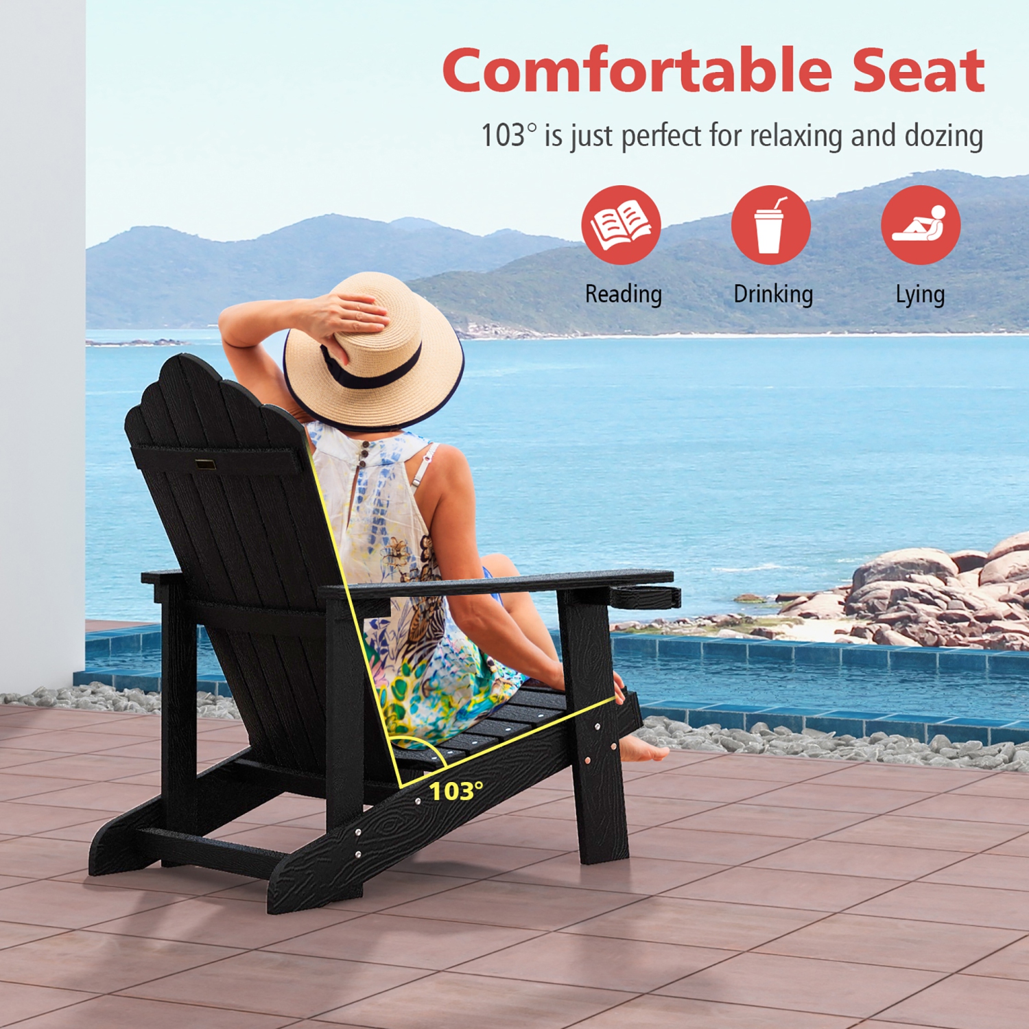 Gymax Patio HIPS Outdoor Weather Resistant Slatted Chair Adirondack Chair w/ Cup Holder