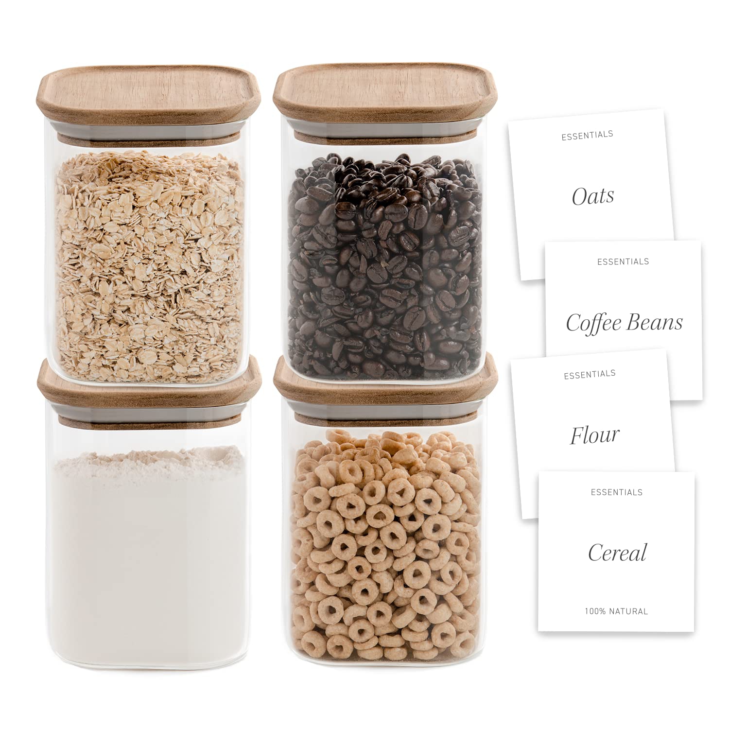 Bloom & Breeze Airtight Food Storage Containers , Stackable with Labels, Glass Storage Containers With Acacia Wood Lids, Cereal and Pasta Containers 4-Piece Set 32oz