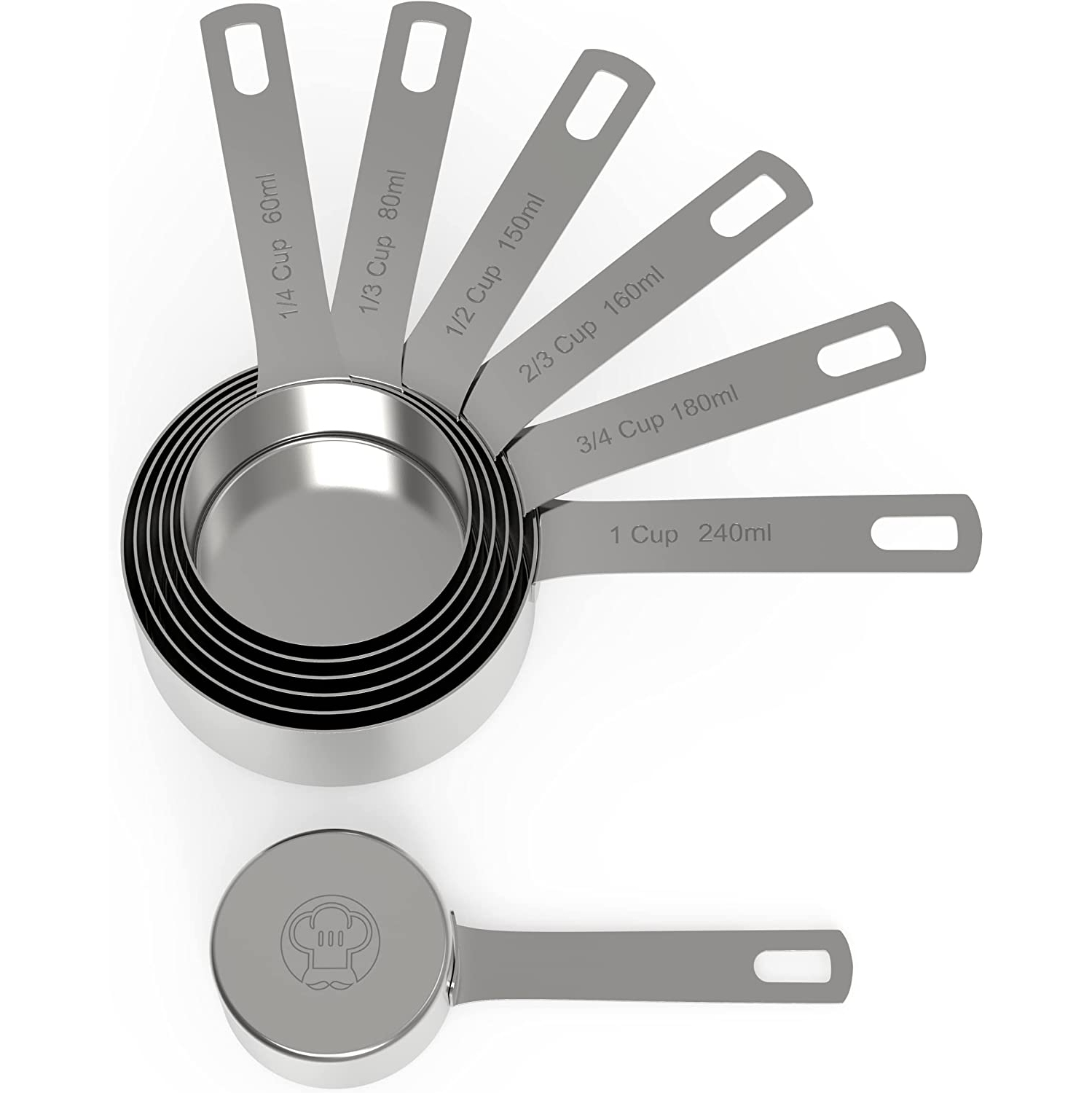 Chef Pomodoro Stainless Steel Measuring Cup Set, Nested and Stackable with 7 Pieces, Sturdy Extra-long Handles with Lasered Markings and Sorting