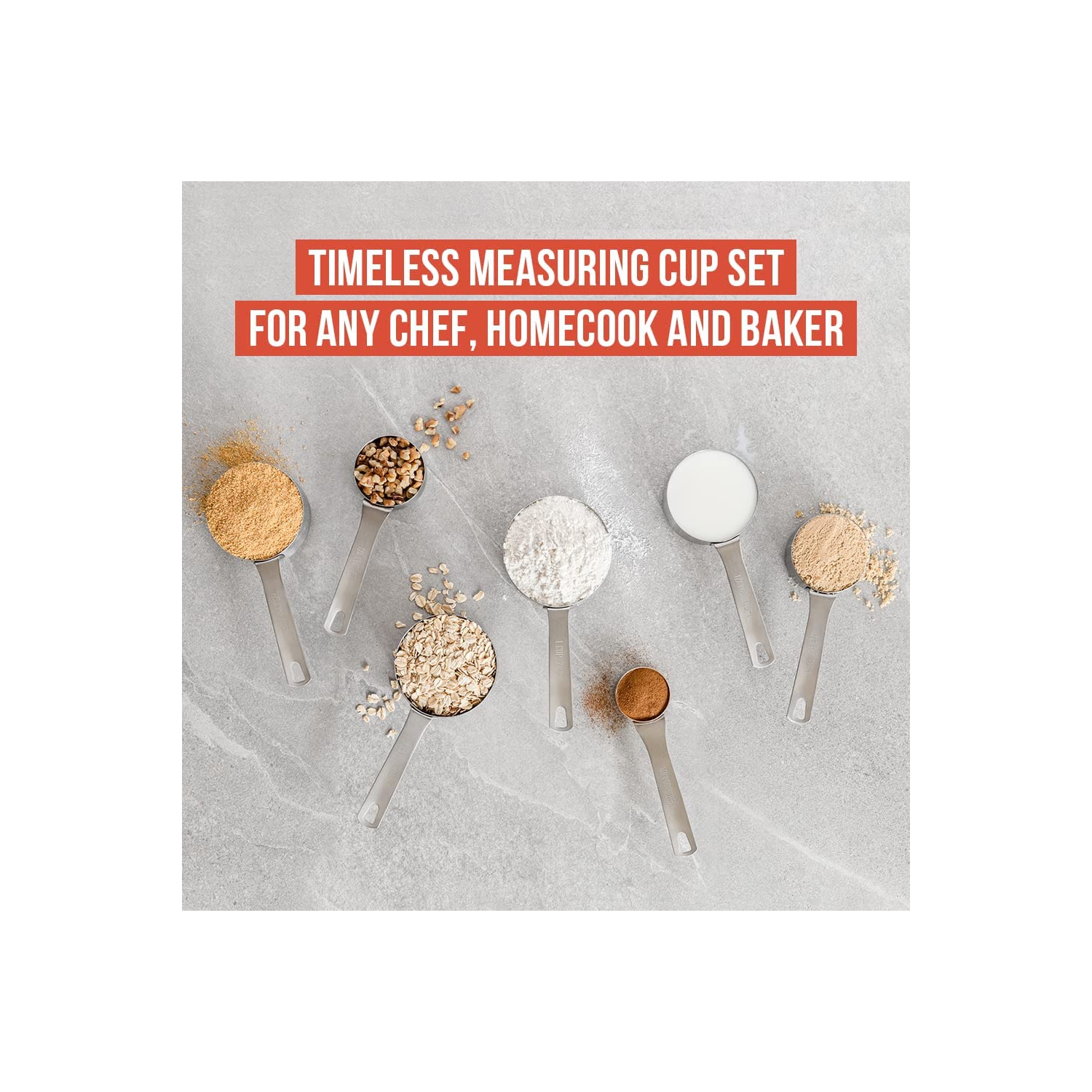 Chef Pomodoro Stainless Steel Measuring Cup Set, Nested and Stackable with 7 Pieces, Sturdy Extra-long Handles with Lasered Markings and Sorting