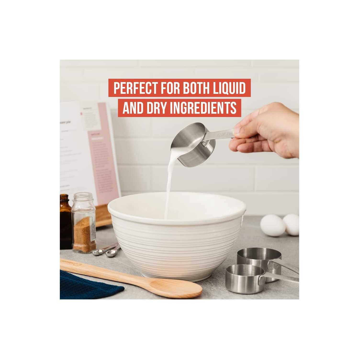 Chef Pomodoro Stainless Steel Measuring Cup Set, Nested and Stackable with 7 Pieces, Sturdy Extra-long Handles with Lasered Markings and Sorting