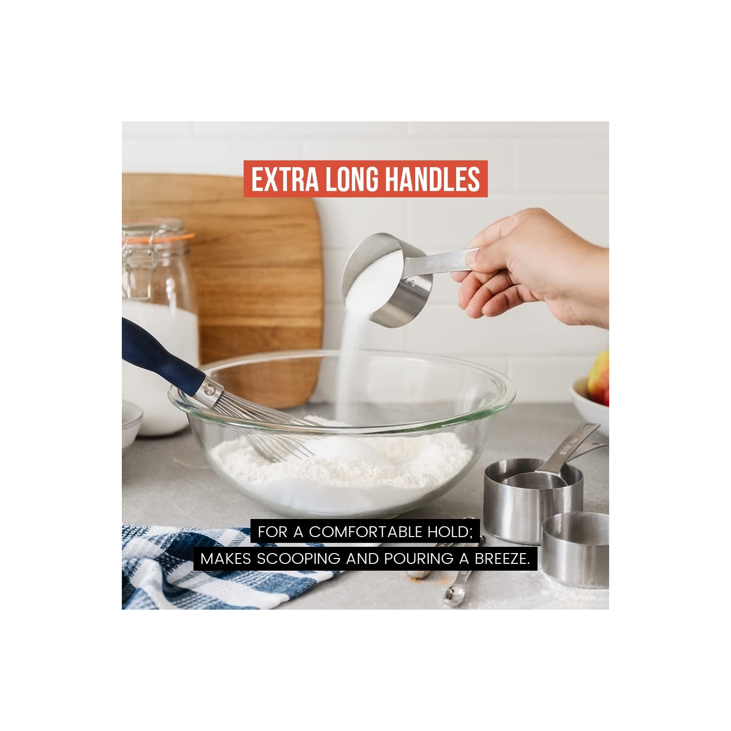 Chef Pomodoro Stainless Steel Measuring Cup Set, Nested and Stackable with 7 Pieces, Sturdy Extra-long Handles with Lasered Markings and Sorting