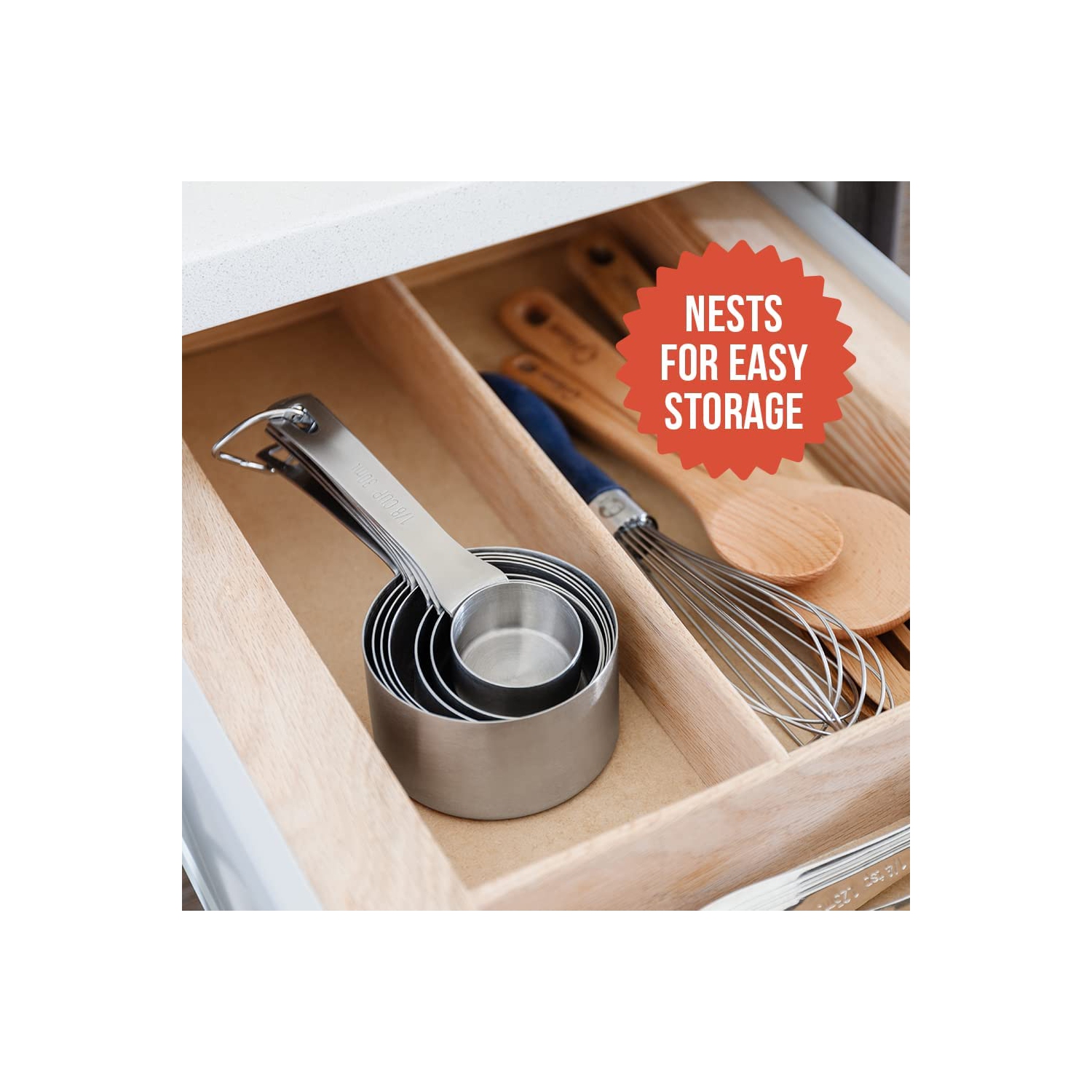 Chef Pomodoro Stainless Steel Measuring Cup Set, Nested and Stackable with 7 Pieces, Sturdy Extra-long Handles with Lasered Markings and Sorting