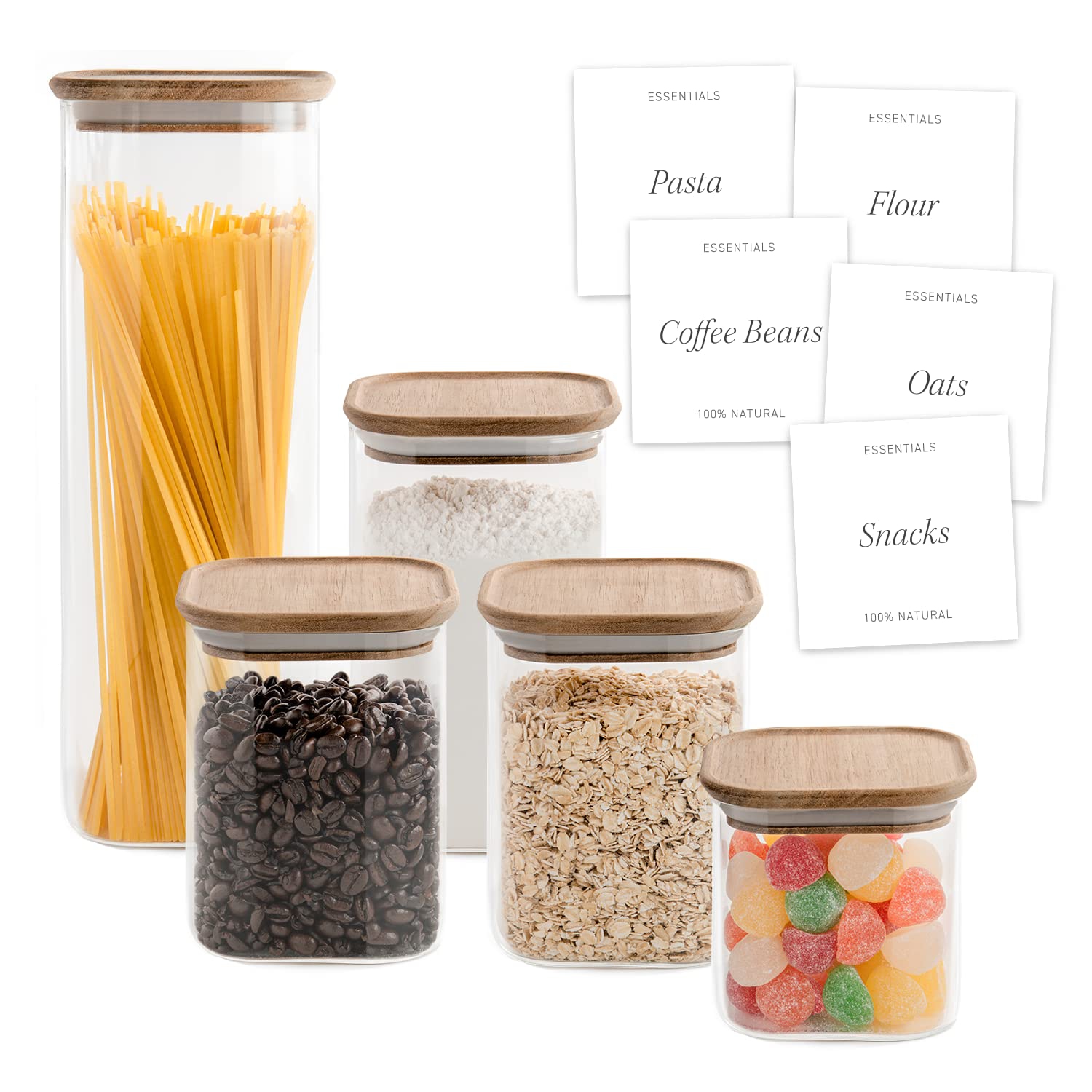 Bloom & Breeze Airtight Food Storage Containers , Stackable with Labels, Glass Storage Containers With Acacia Wood Lids, Cereal and Pasta Containers 5-Piece Set (Mixed)