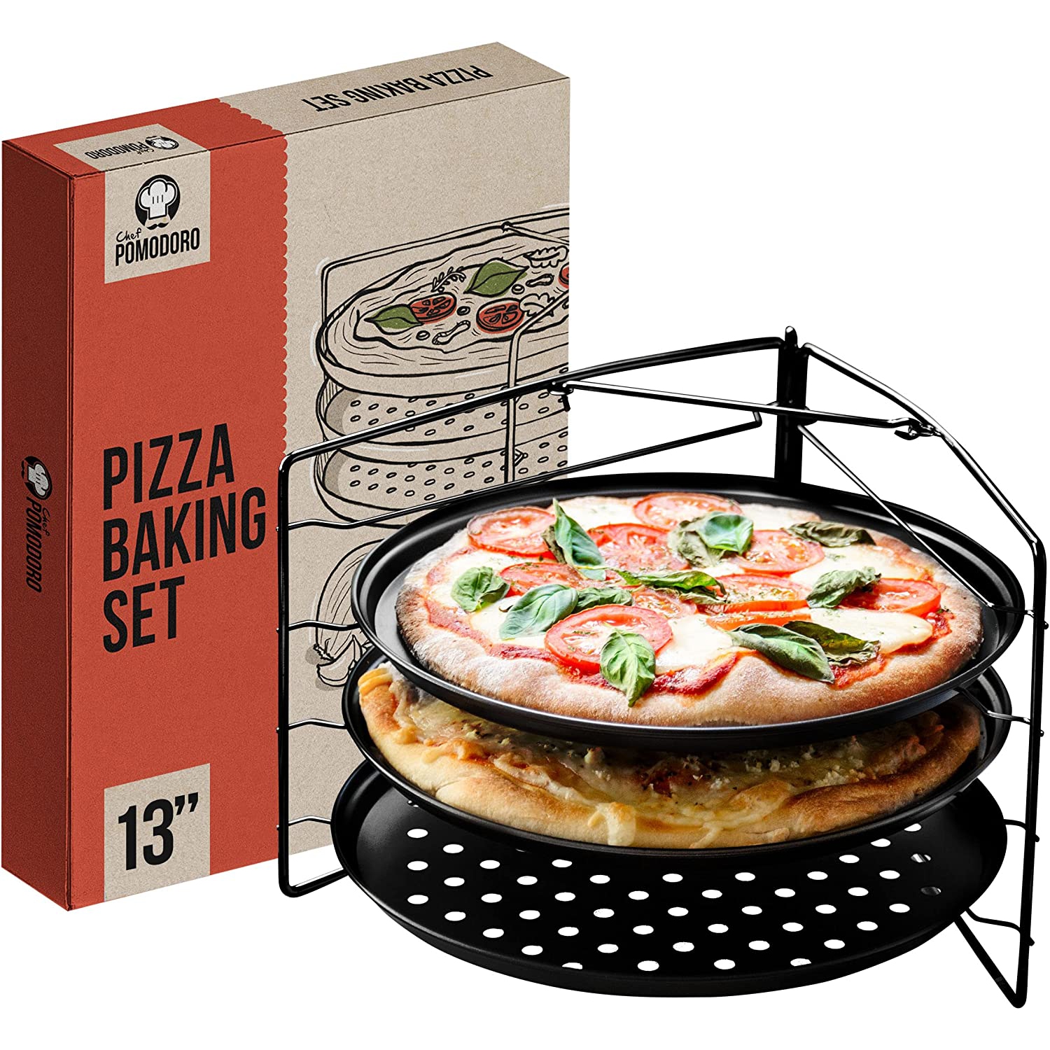 Chef Pomodoro Pizza Baking Set with 3 Pizza Pans and Pizza Rack, Non-stick Perforated Pizza Trays, for Oven, Grill, Barbeque