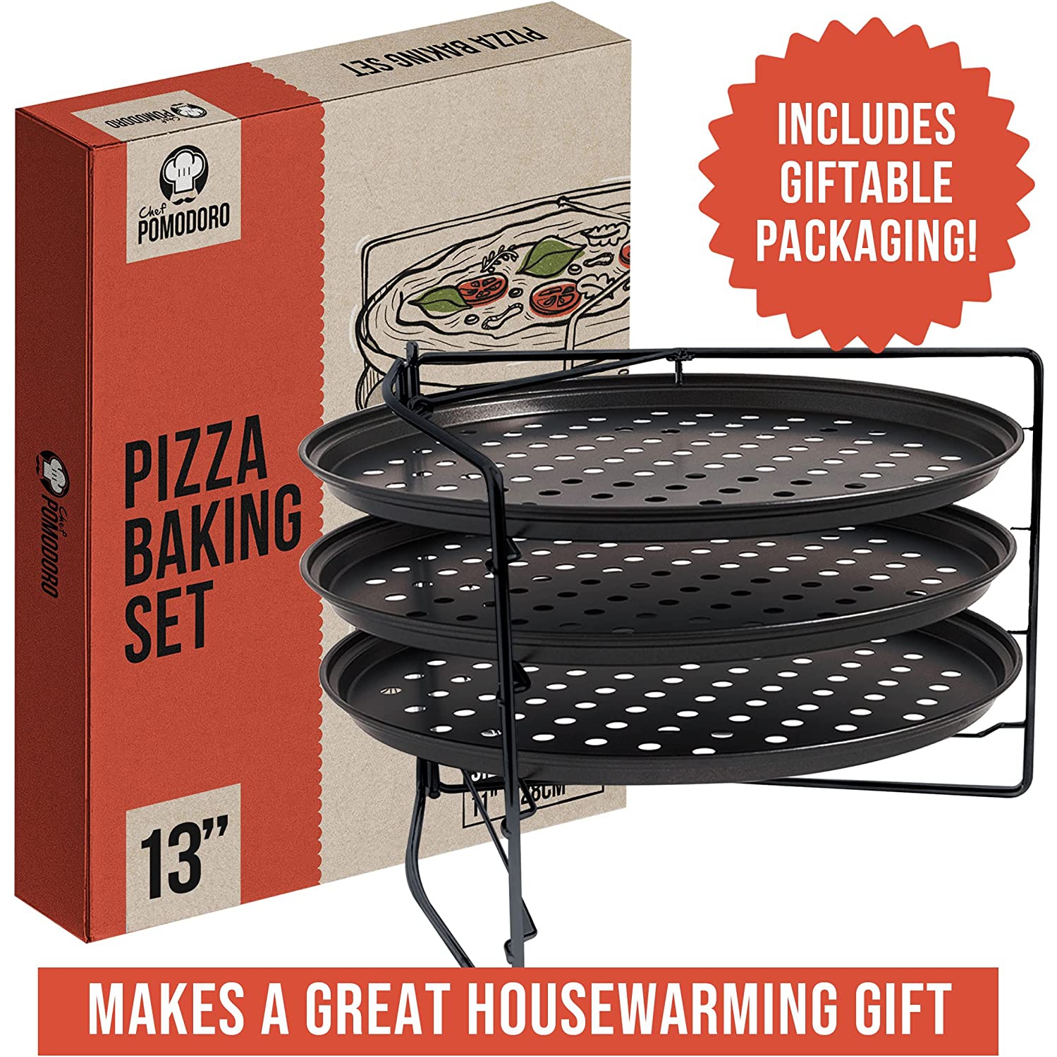 Chef Pomodoro Pizza Baking Set with 3 Pizza Pans and Pizza Rack, Non-stick Perforated Pizza Trays, for Oven, Grill, Barbeque