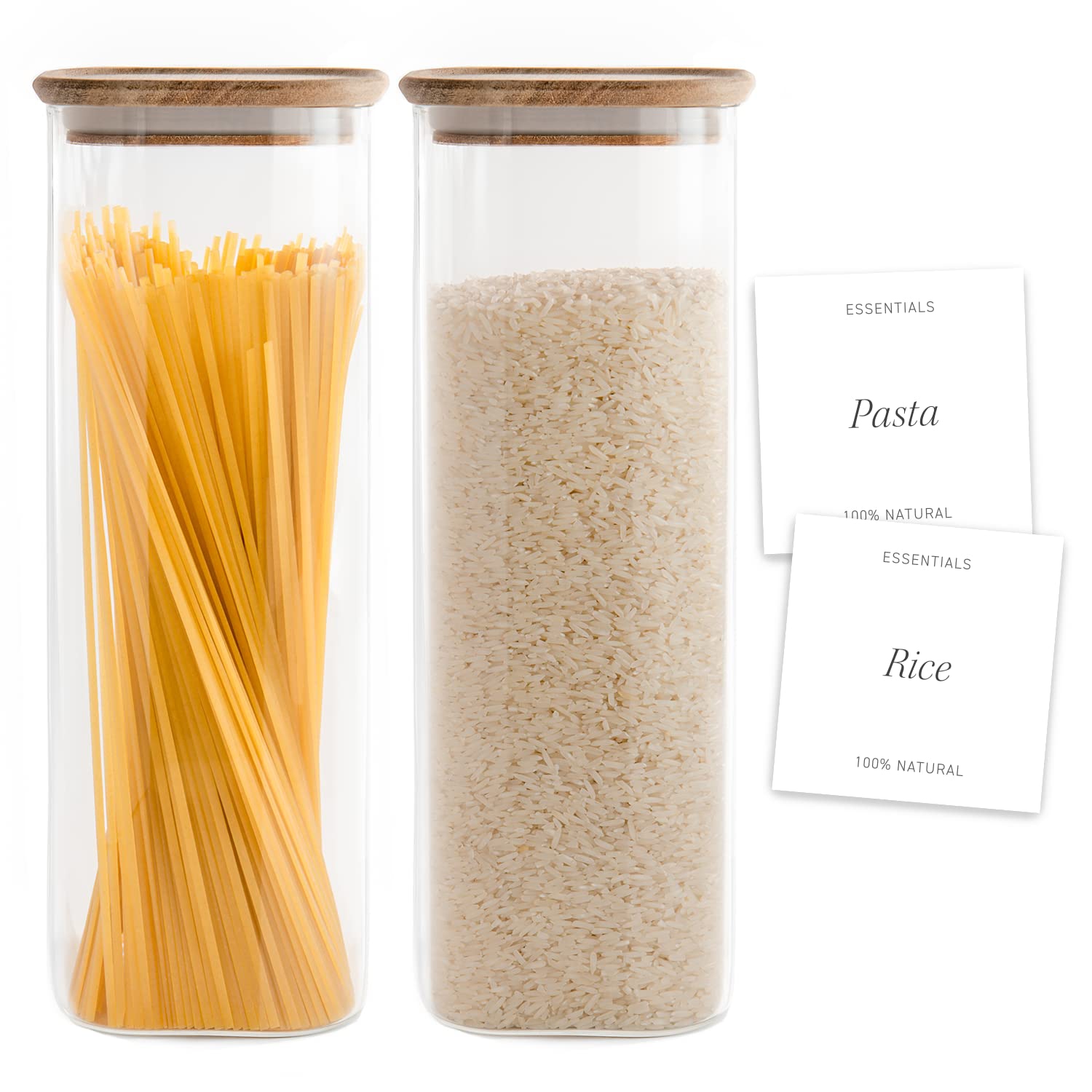 Bloom & Breeze Airtight Food Storage Containers , Stackable with Labels, Glass Storage Containers With Acacia Wood Lids, Cereal and Pasta Containers 2-Piece Set 73oz