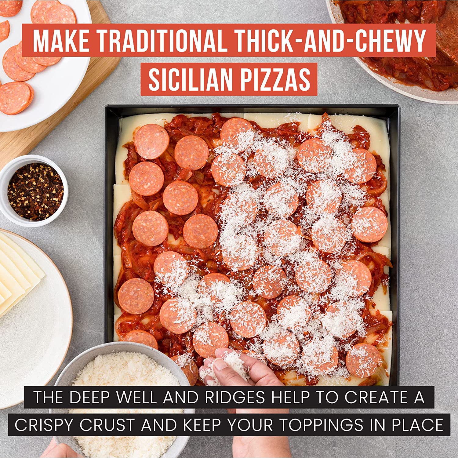 Plat à pizza carré profond chef Pomodoro Sicilien, 13.2 x 13.2 po, aluminium antiadhésif, croûte de focaccia, plats à pâte préassaisonnés pour la