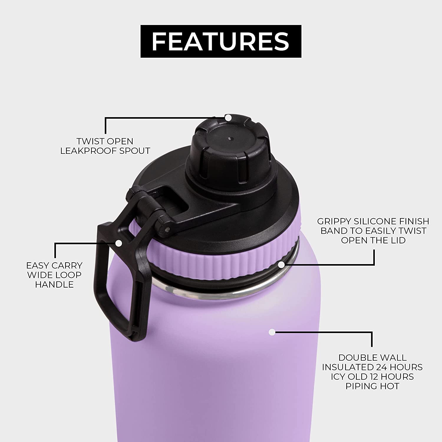 BOZ Stainless Steel Water Bottle XL Wide Mouth, Vacuum Double Wall Insulated (Lavender)