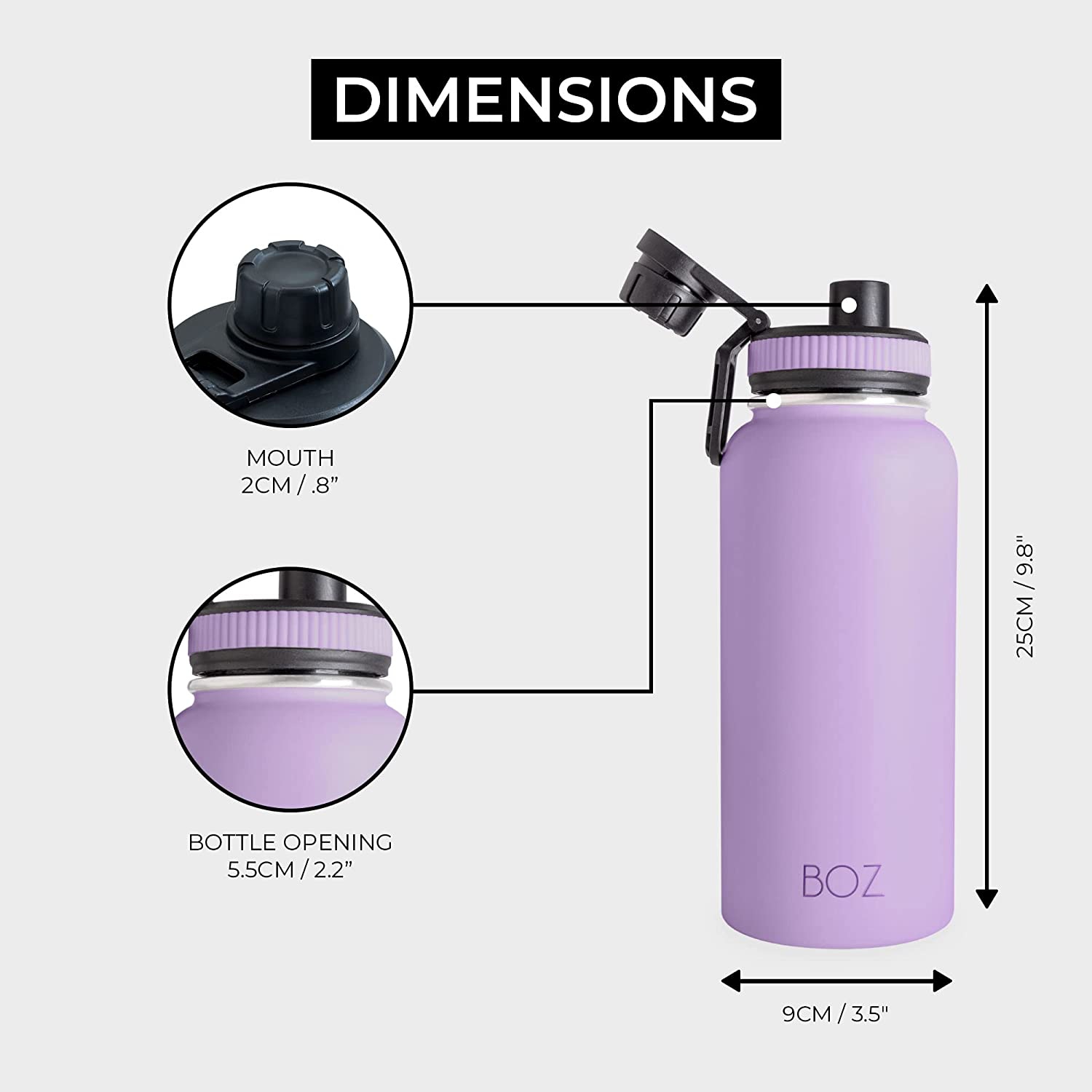 BOZ Stainless Steel Water Bottle XL Wide Mouth, Vacuum Double Wall Insulated (Lavender)