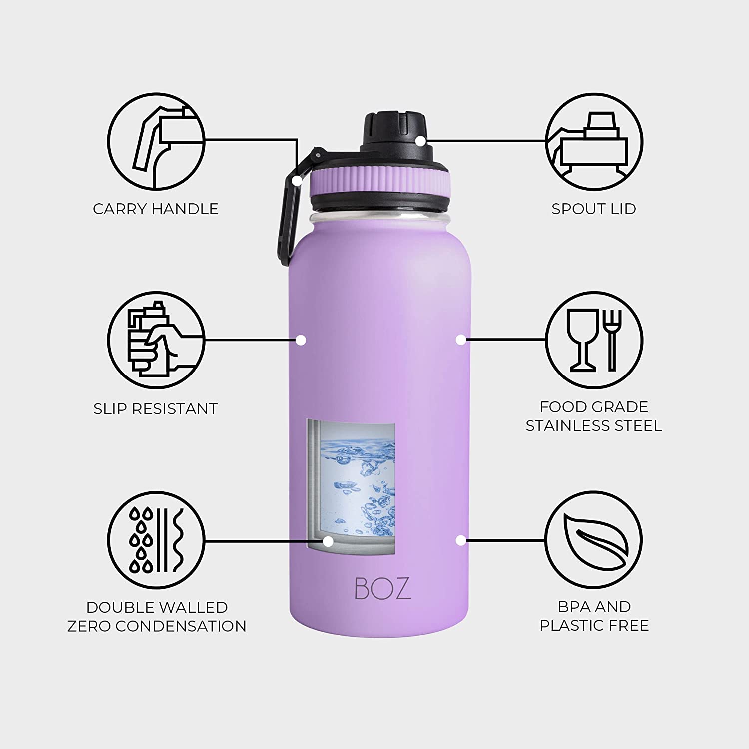 BOZ Stainless Steel Water Bottle XL Wide Mouth, Vacuum Double Wall Insulated (Lavender)