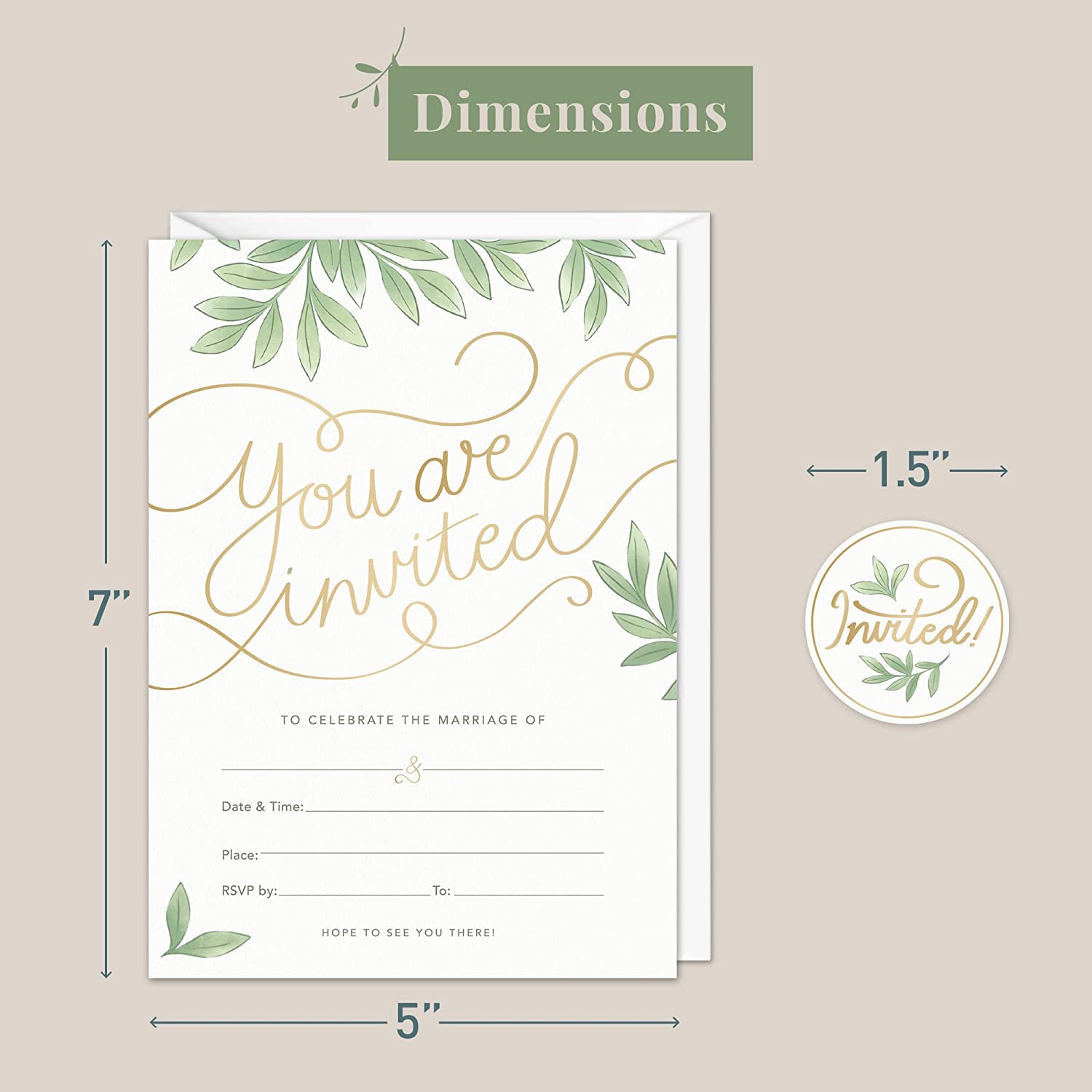 Rileys & Co 50 Pack Wedding Invitation Cards with Envelopes, Bonus Stickers Included, Gold Foil Print and Leaf Design, 5x7 Inches