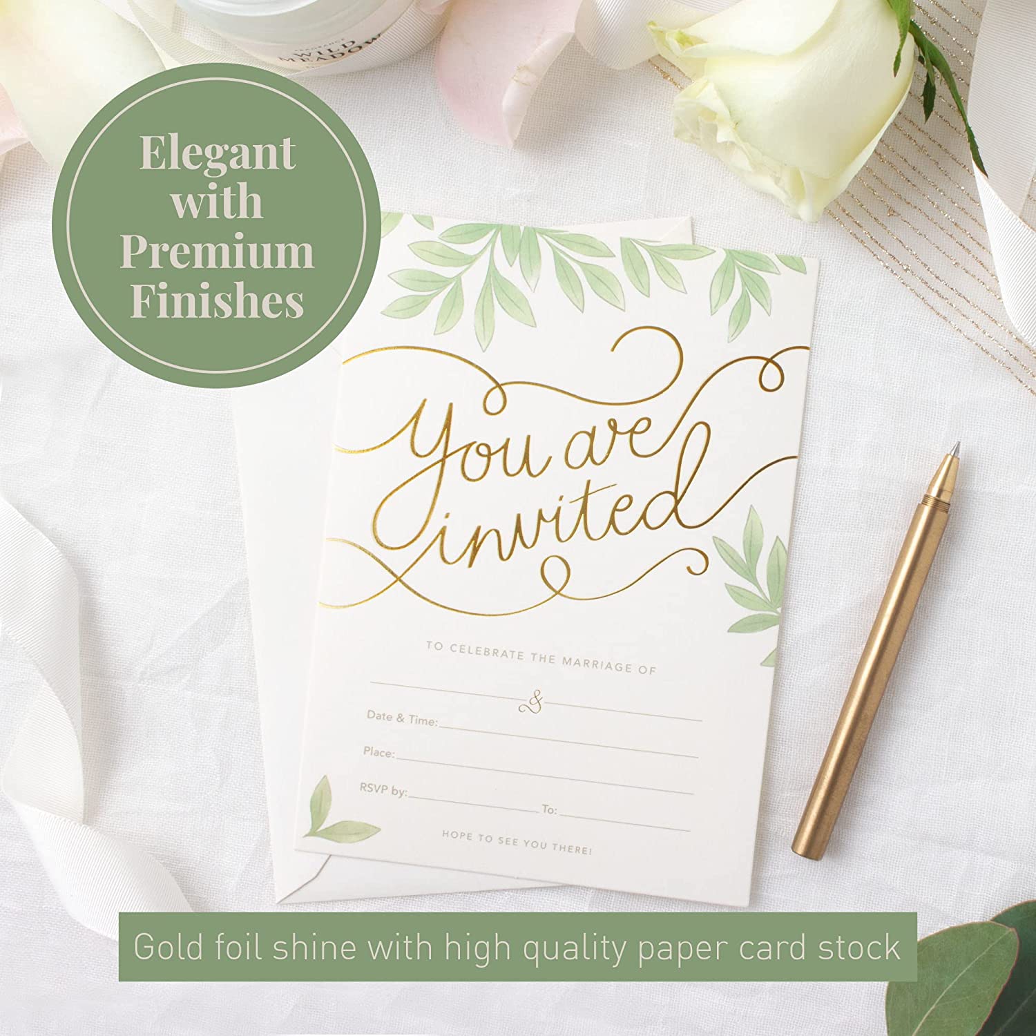 Rileys & Co 50 Pack Wedding Invitation Cards with Envelopes, Bonus Stickers Included, Gold Foil Print and Leaf Design, 5x7 Inches