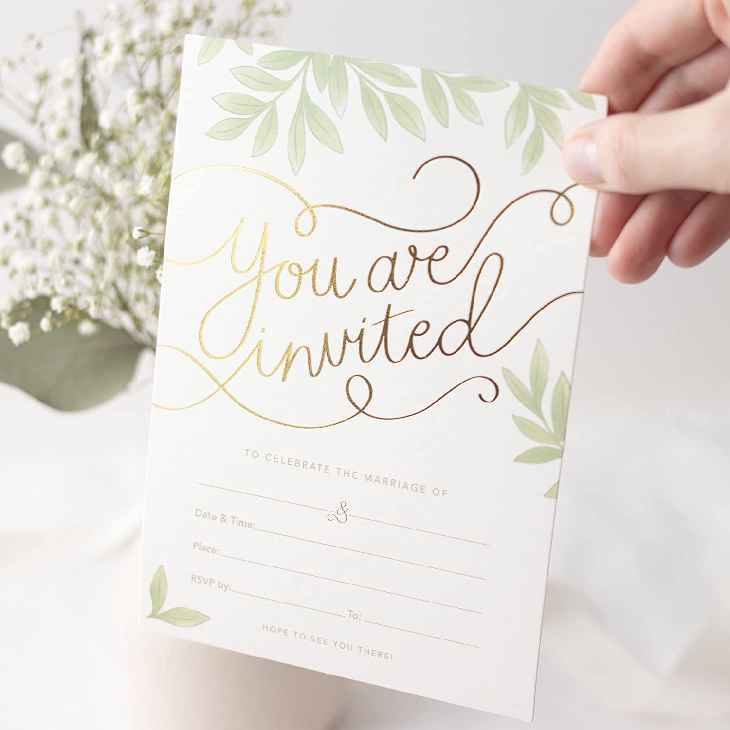 Rileys & Co 50 Pack Wedding Invitation Cards with Envelopes, Bonus Stickers Included, Gold Foil Print and Leaf Design, 5x7 Inches
