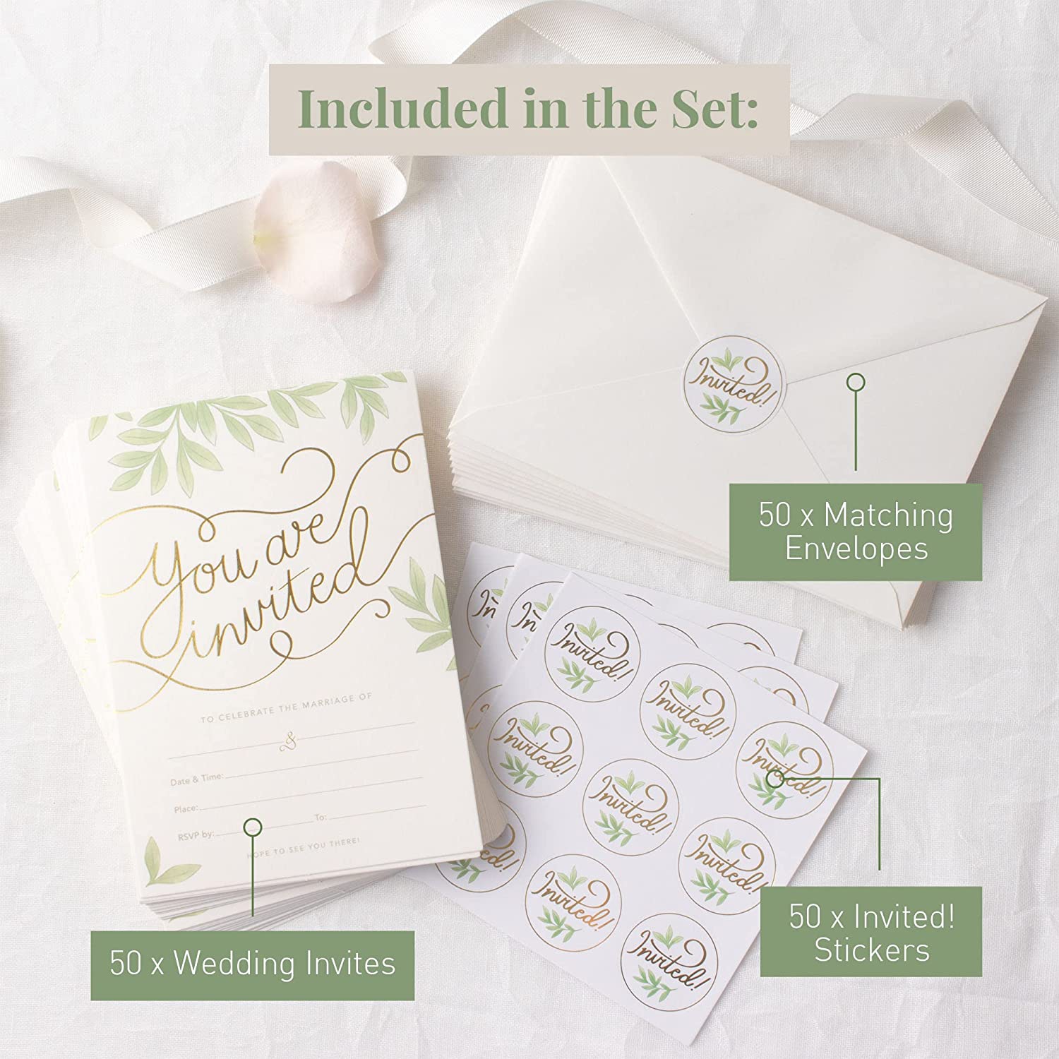 Rileys & Co 50 Pack Wedding Invitation Cards with Envelopes, Bonus Stickers Included, Gold Foil Print and Leaf Design, 5x7 Inches