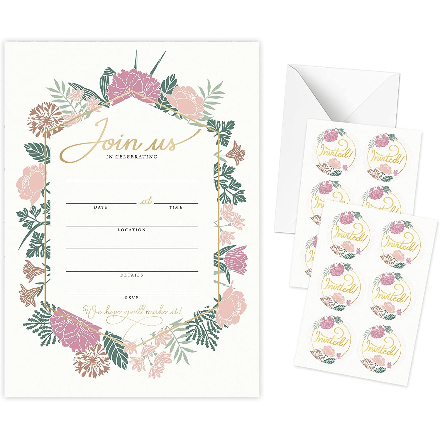 Rileys & Co. 50 cartes d’invitation toutes occasions avec enveloppes et autocollants en prime, invitations de fête florale pour mariage,