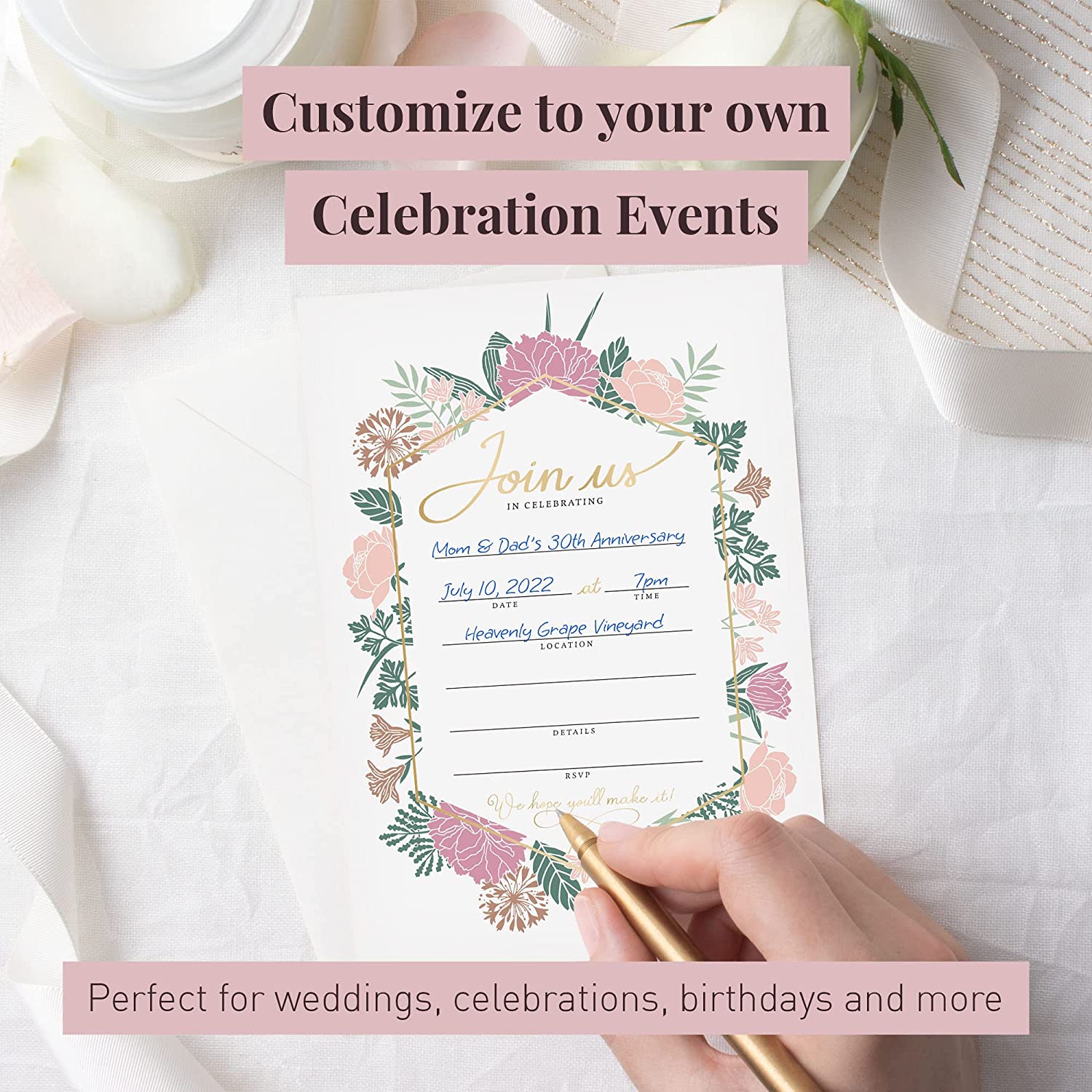 Rileys & Co. 50 cartes d’invitation toutes occasions avec enveloppes et autocollants en prime, invitations de fête florale pour mariage,