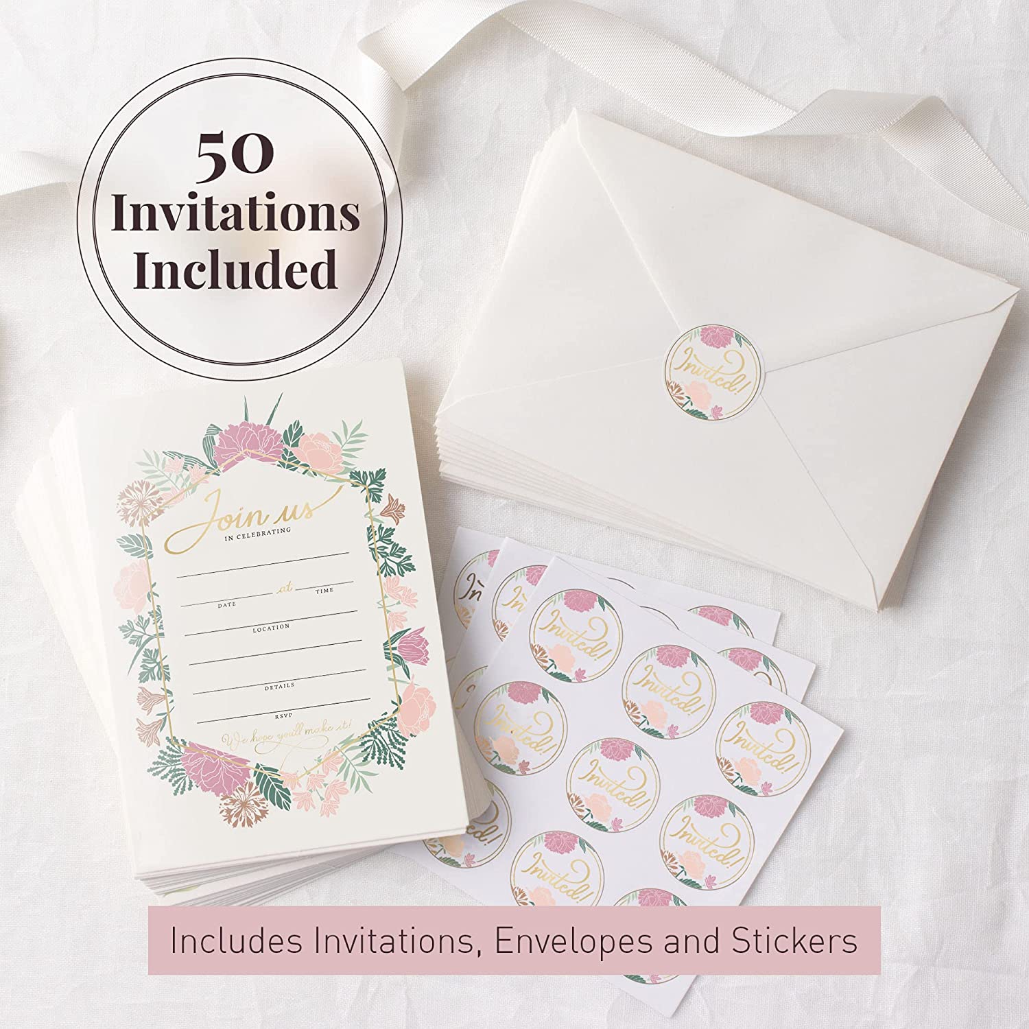 Rileys & Co. 50 cartes d’invitation toutes occasions avec enveloppes et autocollants en prime, invitations de fête florale pour mariage,