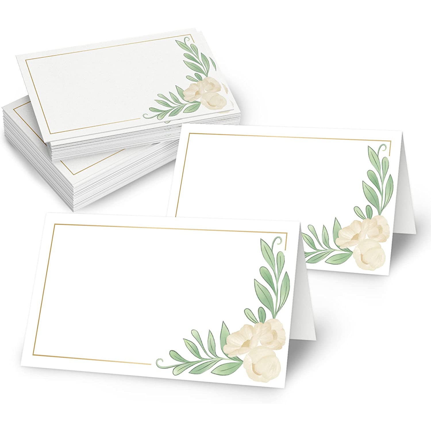 Rileys & Co 50 Pack Blank Placecards, White and Gold Foil Wedding Place Cards for Table Setting at Dinner Parties, Receptions, Double Sided for Guest Names, 2x3.5 Inches Folded