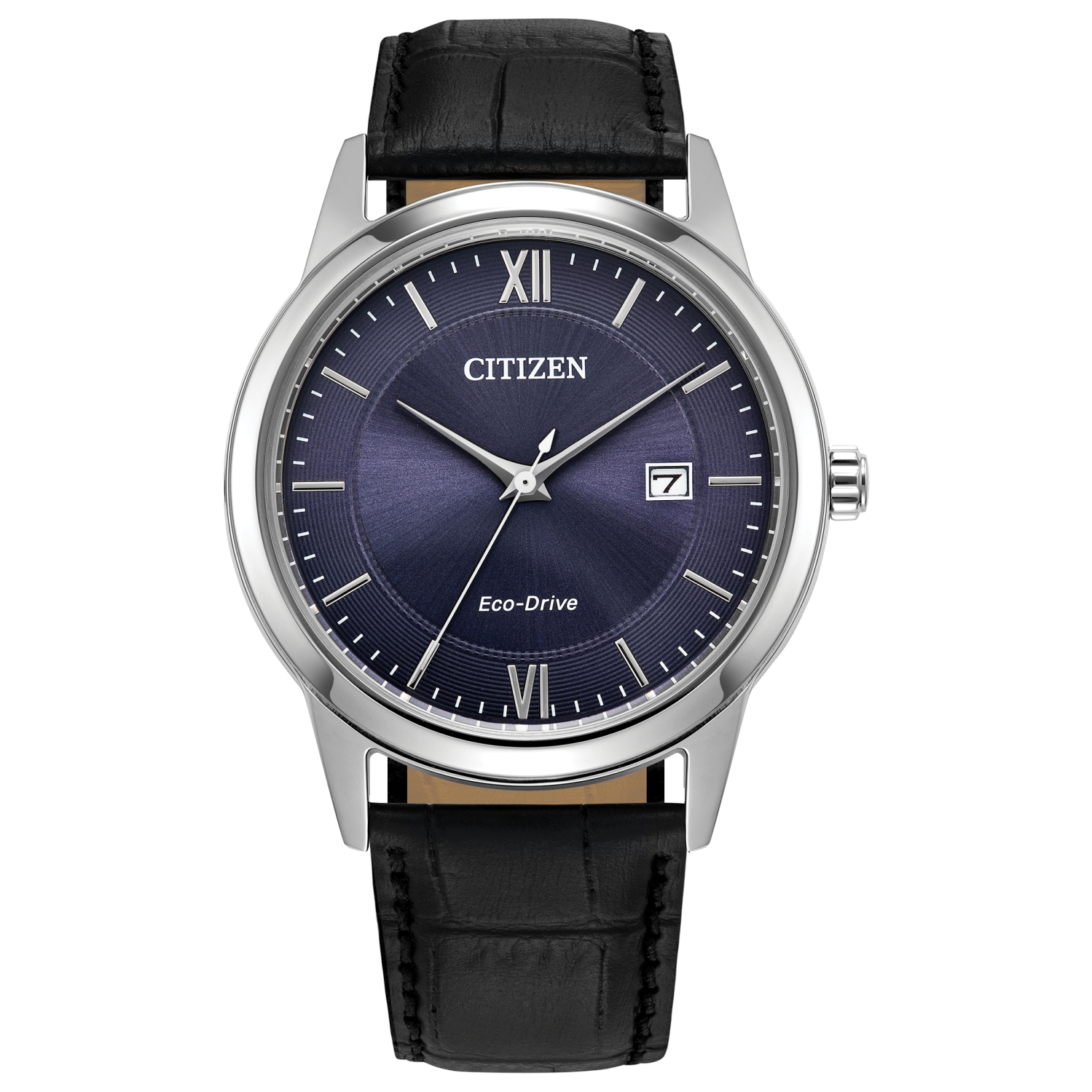 Montre classique pour hommes Eco-Drive 40&nbsp;mm de Citizen, boîtier en inox argenté, bracelet en cuir noir et cadran bleu