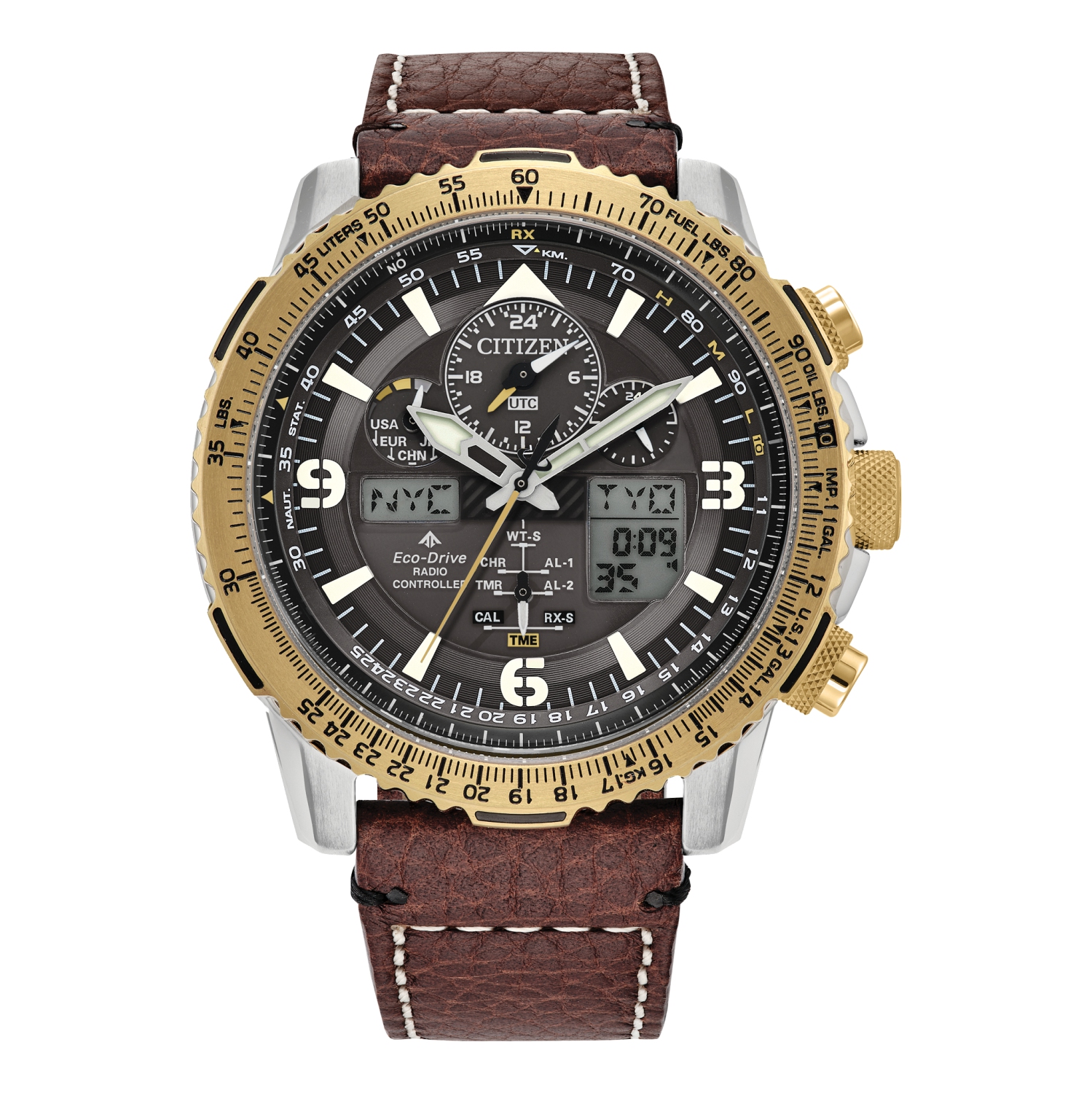 Montre pour hommes Promaster Skyhawk A-T Eco-Drive 45&nbsp;mm de Citizen avec boîtier inox deux tons, bracelet cuir brun et cadran gris