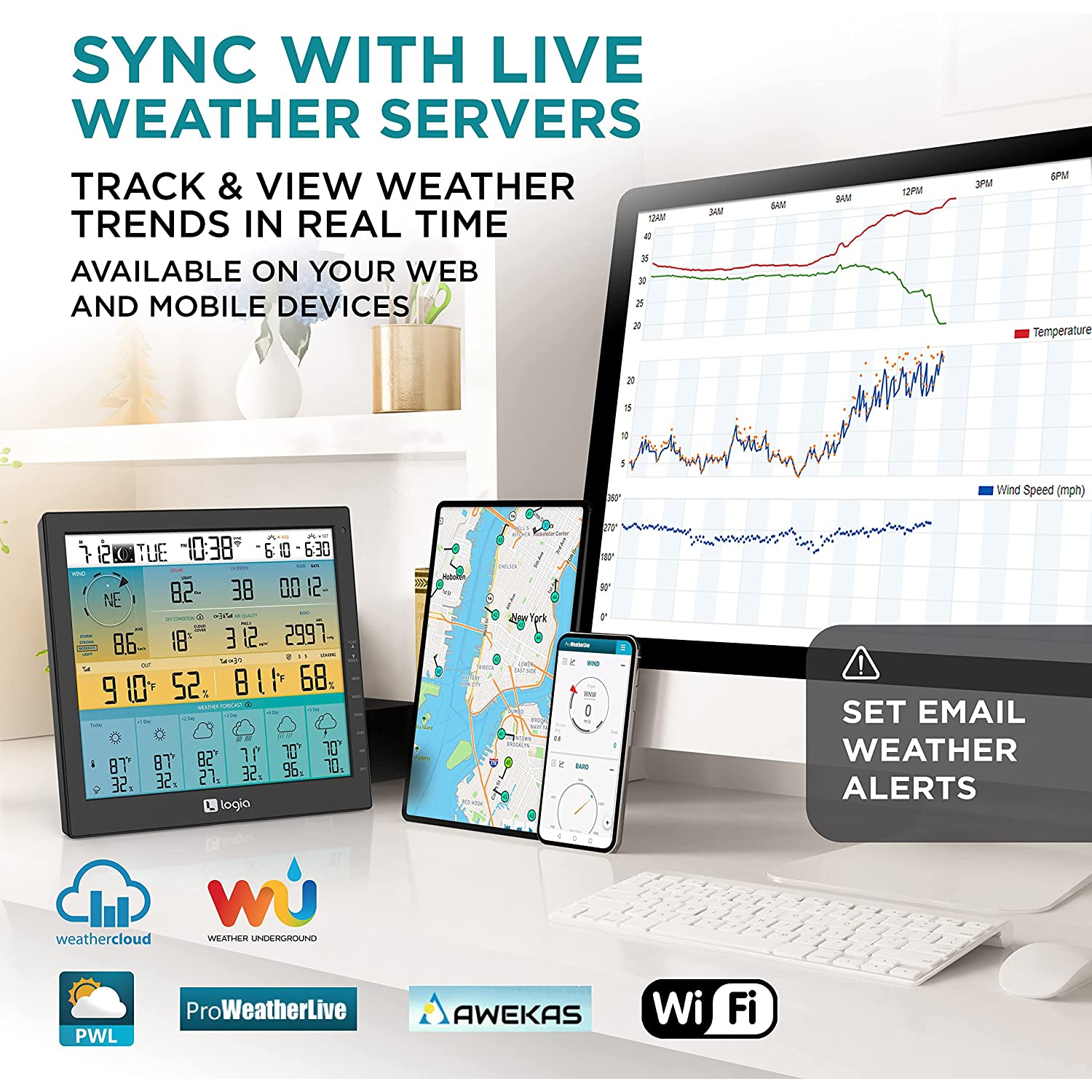 Logia - Station météorologique de 6 jours à affichage ultra-large 7-en-1 avec WiFi et cellule solaire éternelle