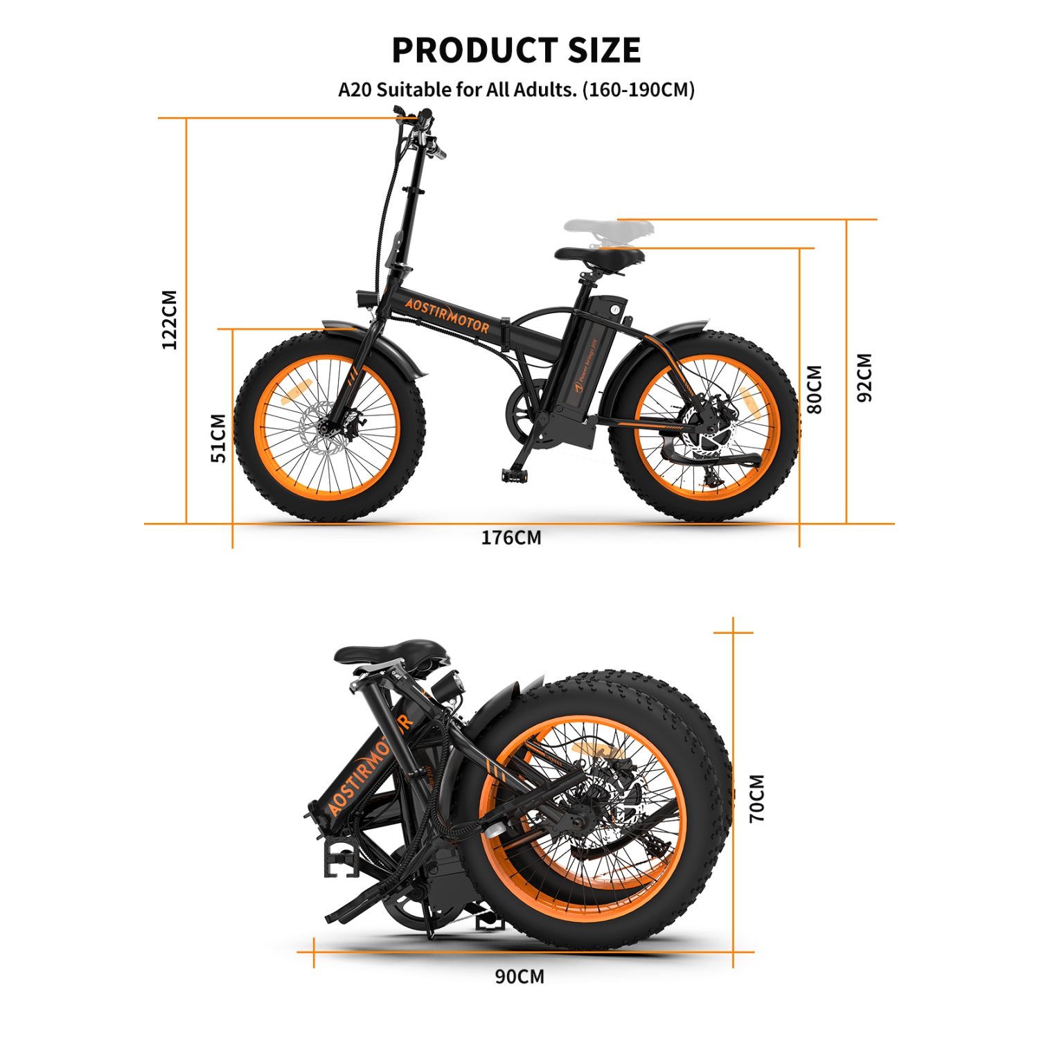 Vélo électrique pliable AOSTIRMOTOR A20 avec batterie 500&nbsp;W 36&nbsp;V 13AH, 20&nbsp;po. Vélo électrique Fat Tire pour adultes - Noir