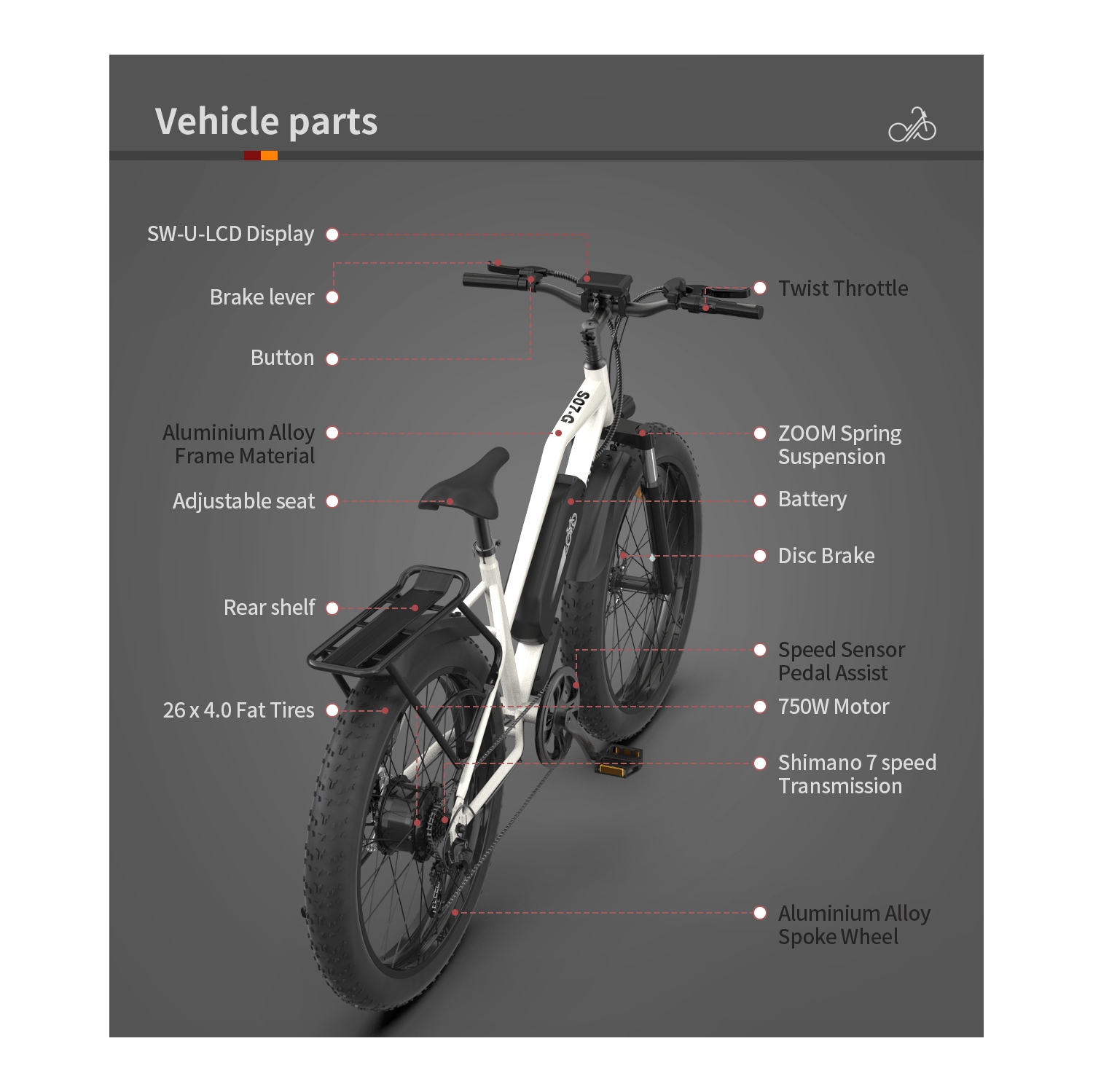 AOSTIRMOTOR Electric bike S07-G,750W Motor 26 Inch Fat Tire 35km Range Electric Mountain Ebike with Rack