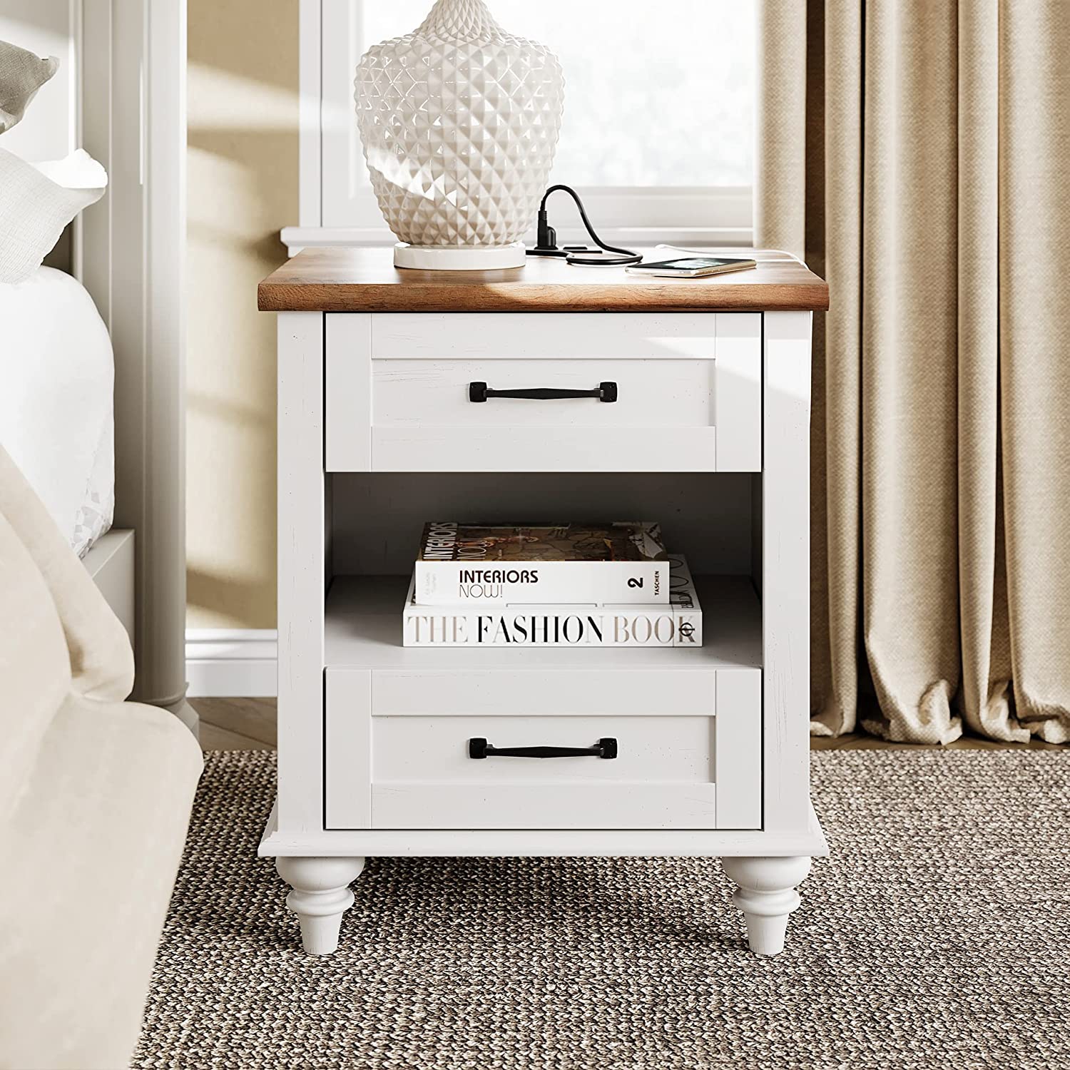 WAMPAT Nightstands with Charging Station,End Table with USB Ports and Outlets for Living Room,Side Table with 2 Drawers and Open Storage for