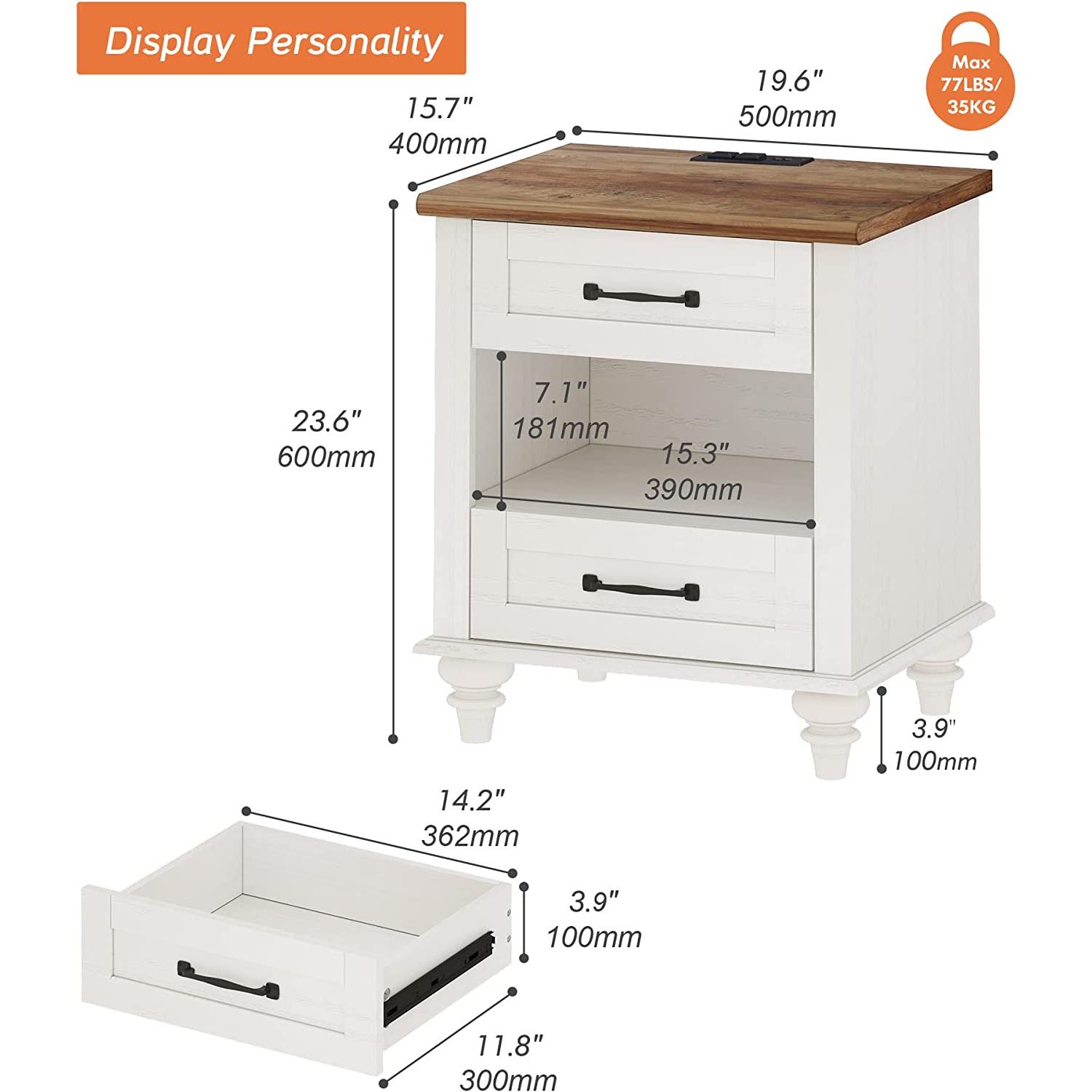 WAMPAT Nightstands with Charging Station,End Table with USB Ports and Outlets for Living Room,Side Table with 2 Drawers and Open Storage for