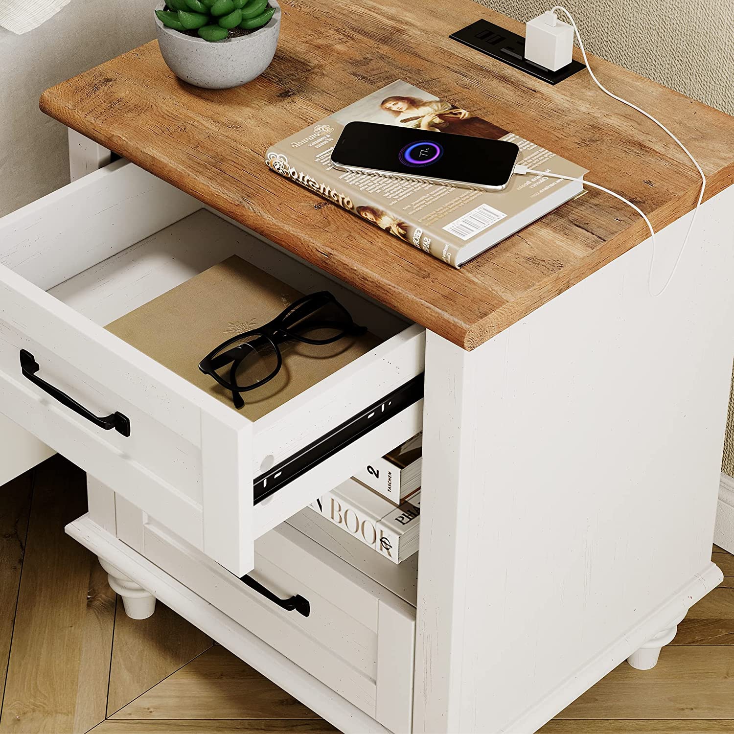 WAMPAT Nightstands with Charging Station,End Table with USB Ports and Outlets for Living Room,Side Table with 2 Drawers and Open Storage for